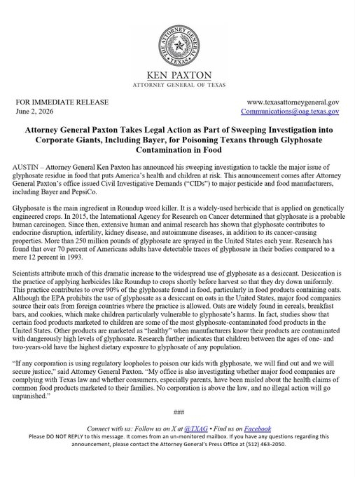 突发：我作为对企业巨头（包括拜耳公司）进行全面调查的一部分，采取了法律行动，因为