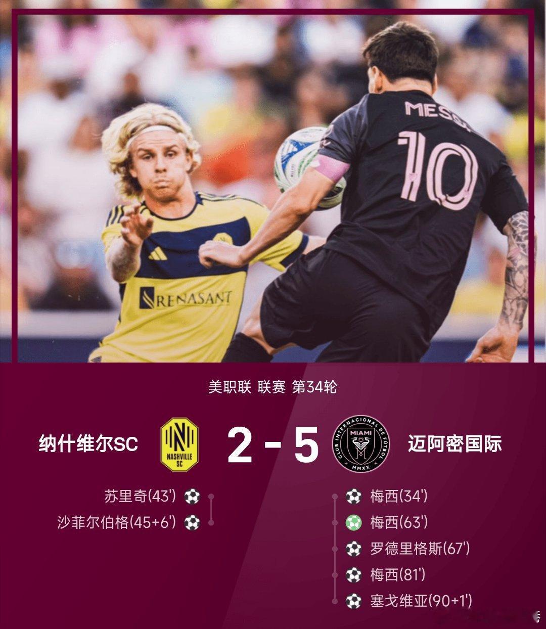 纳什维尔2比5迈阿密国际 梅西三射一传，迈阿密国际5-2逆转纳什维尔。 ​​​