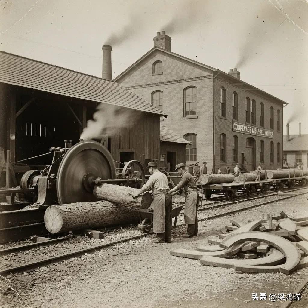 这是一张非常引人入胜的历史照片，展示了 19 世纪末到 20 世纪初工业时代的典