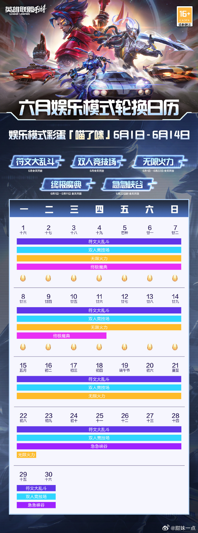 🎮六月娱乐模式轮换日历来噜！接下来符文大乱斗、双人竞技场、无限火力、终极魔典、