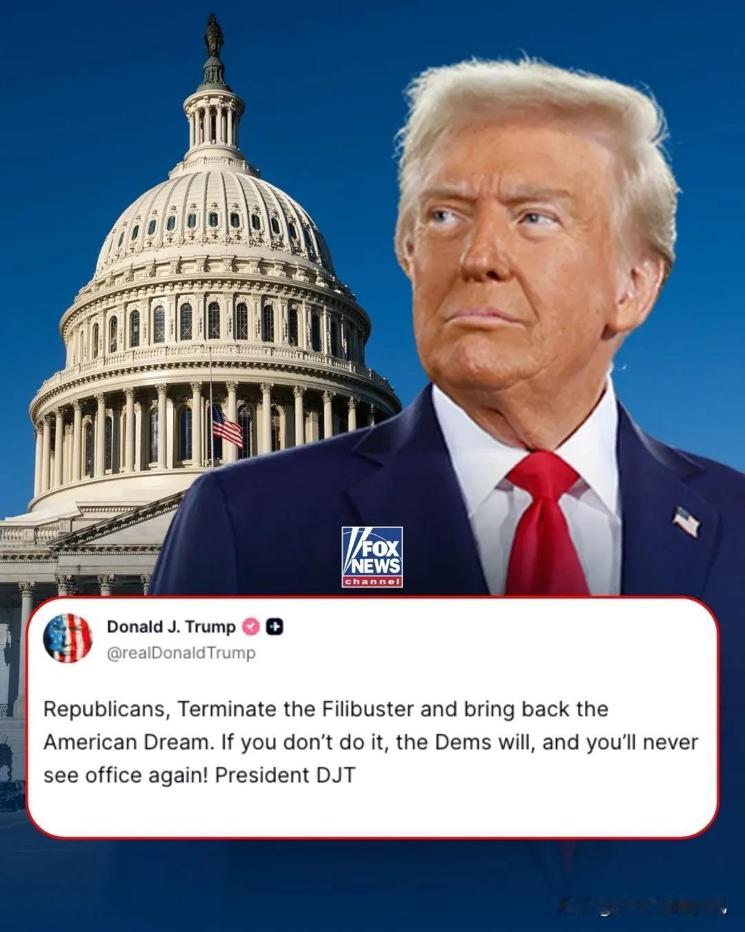 美国总统特朗普在社交平台发文警告共和党人，在民主党人之前结束冗长辩论，否则将面临