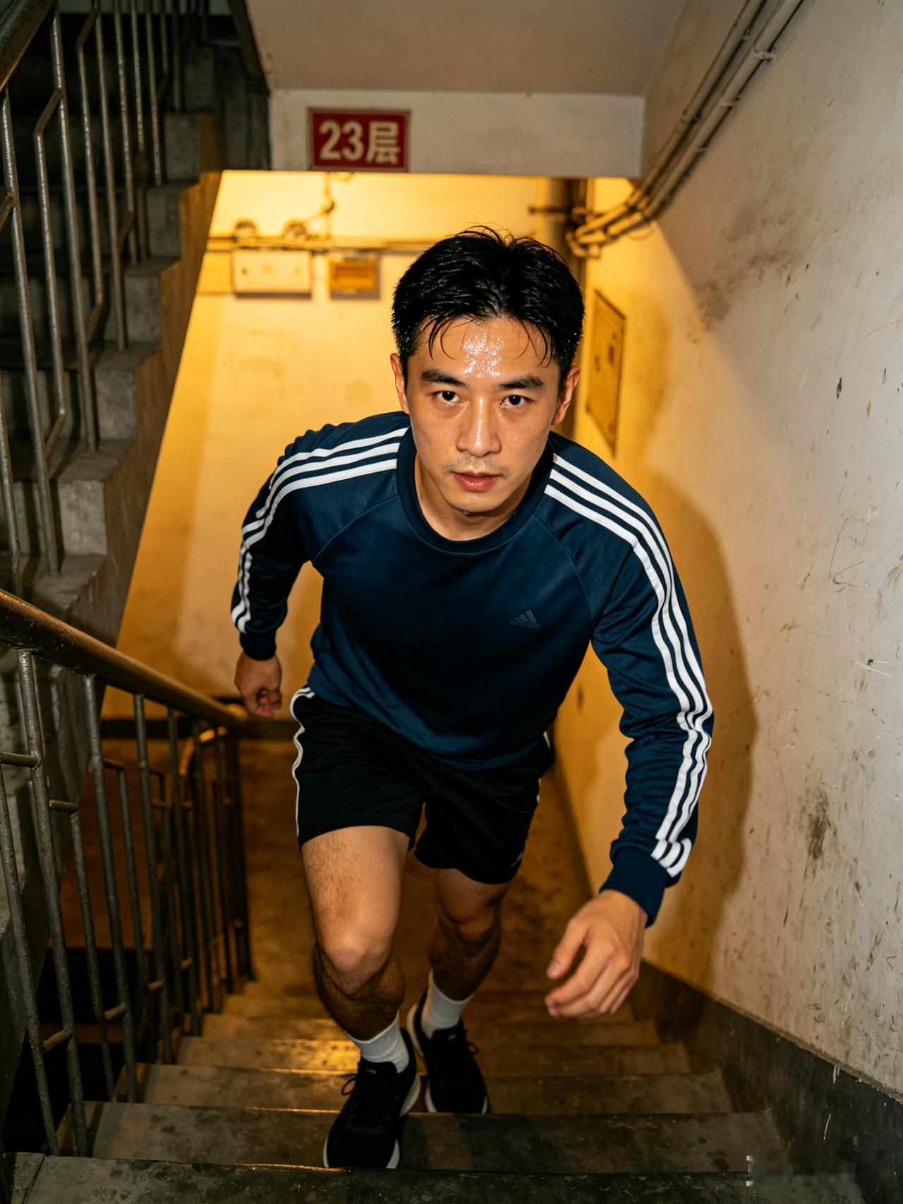 脚刚踏上23楼的台阶，整个人直接瘫在楼道扶手上，T恤湿得能拧出水，心脏在胸腔里哐