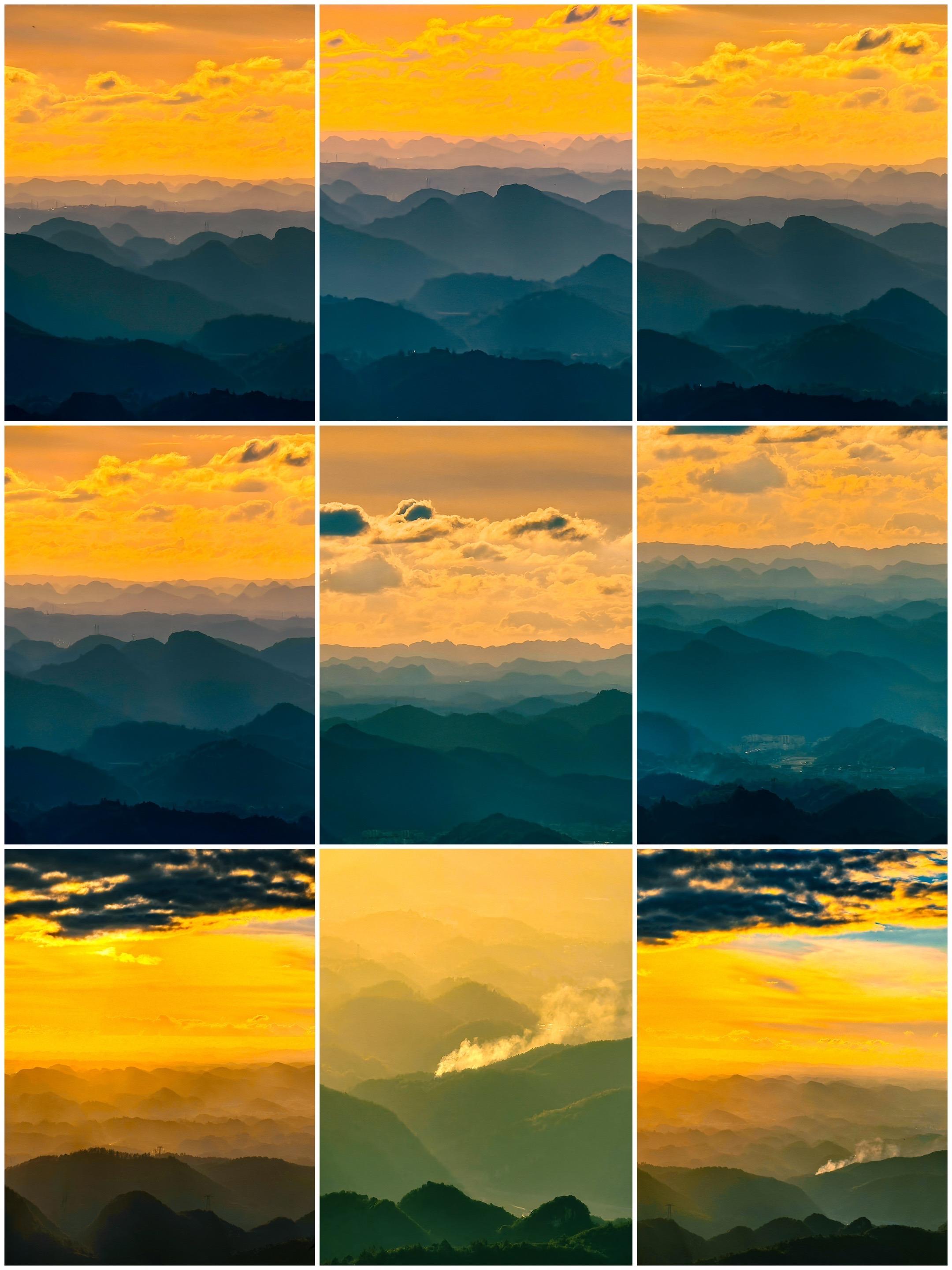 夕阳山峦撞天空，神仙联动美到窒息。黄昏时分，天地间宛如一幅大自然的油画...