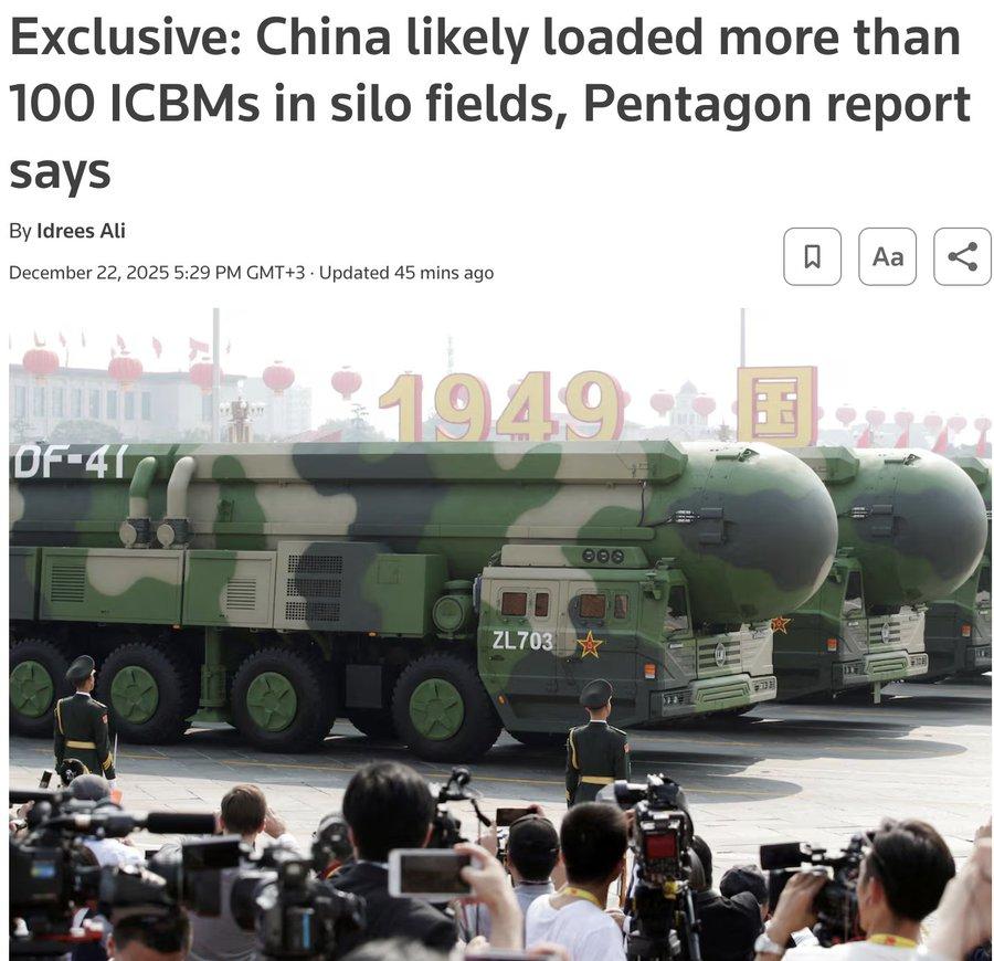 一份五角大楼报告草案称，中国可能在靠近蒙古的新建发射井部署了超过 100 枚洲际