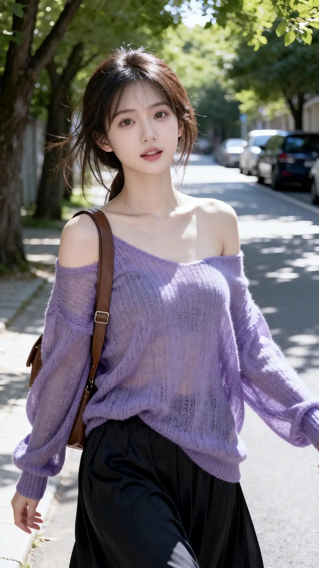 画面中的女生站在阳光斑驳的林荫道上，整体给人一种温柔、慵懒且极具亲和力的感觉。以