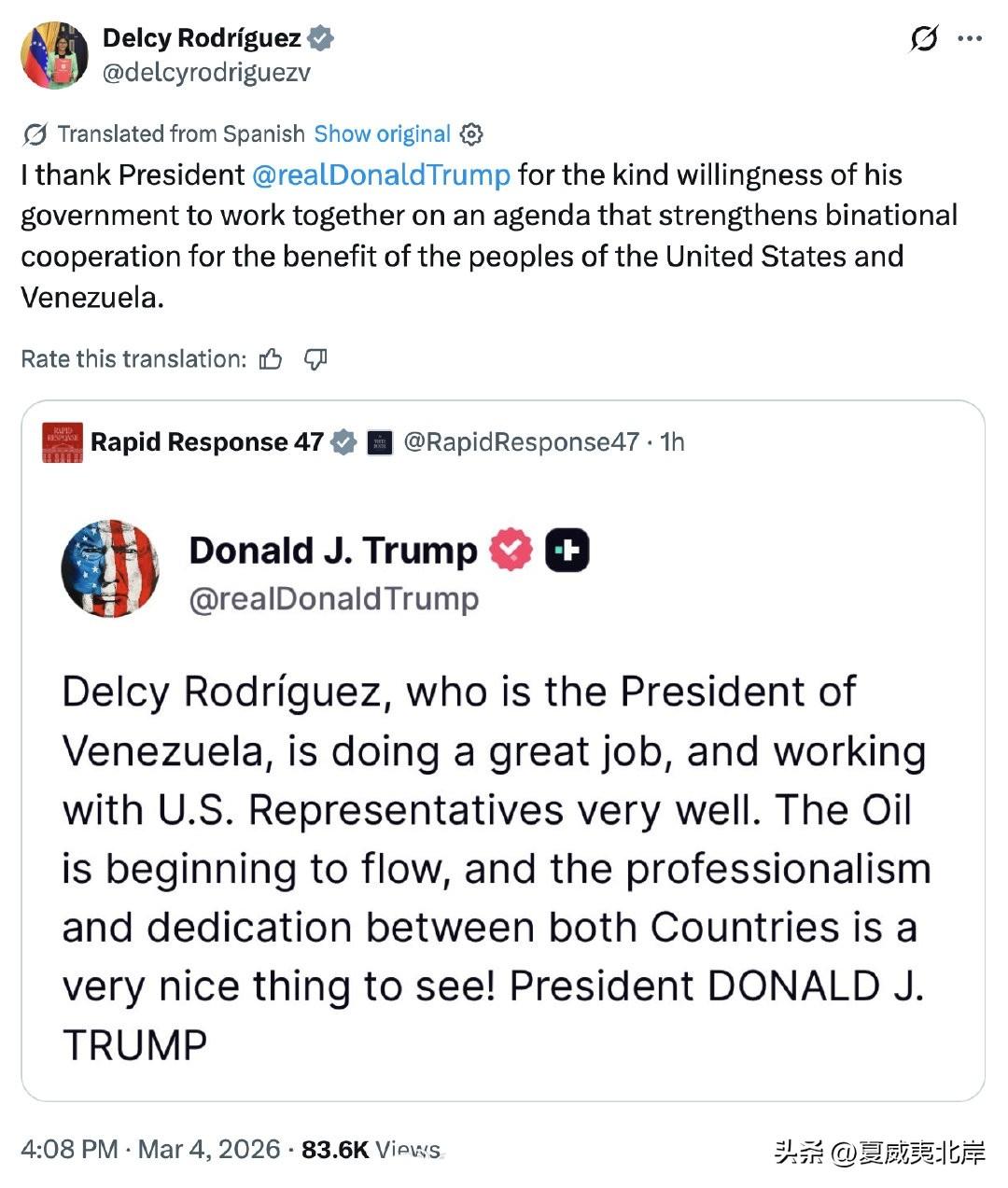 川普与委内瑞拉代总统Delcy Rodríguez在社媒上友好互动。
Delcy