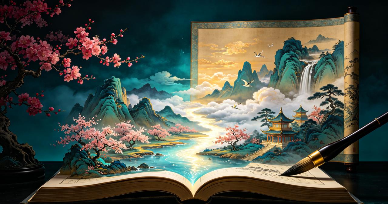 上联：书里桃源无岁月，
下联：画中仙境少风尘。
 
对联