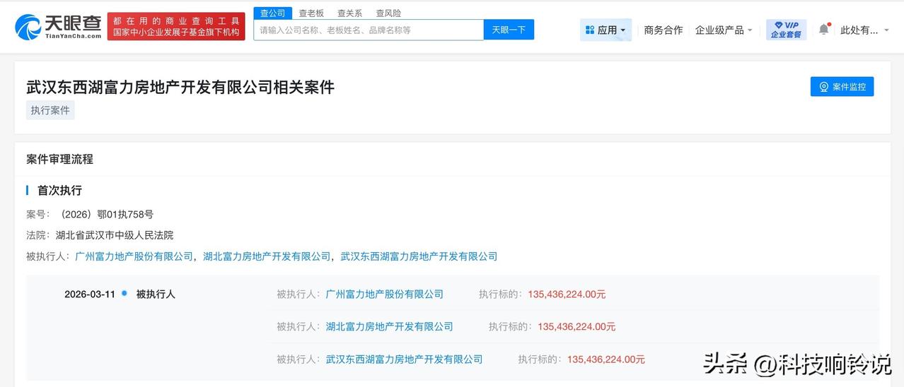 【富力地产等被执行1.35亿】
天眼查法律诉讼信息显示，近日，广州富力地产股份有