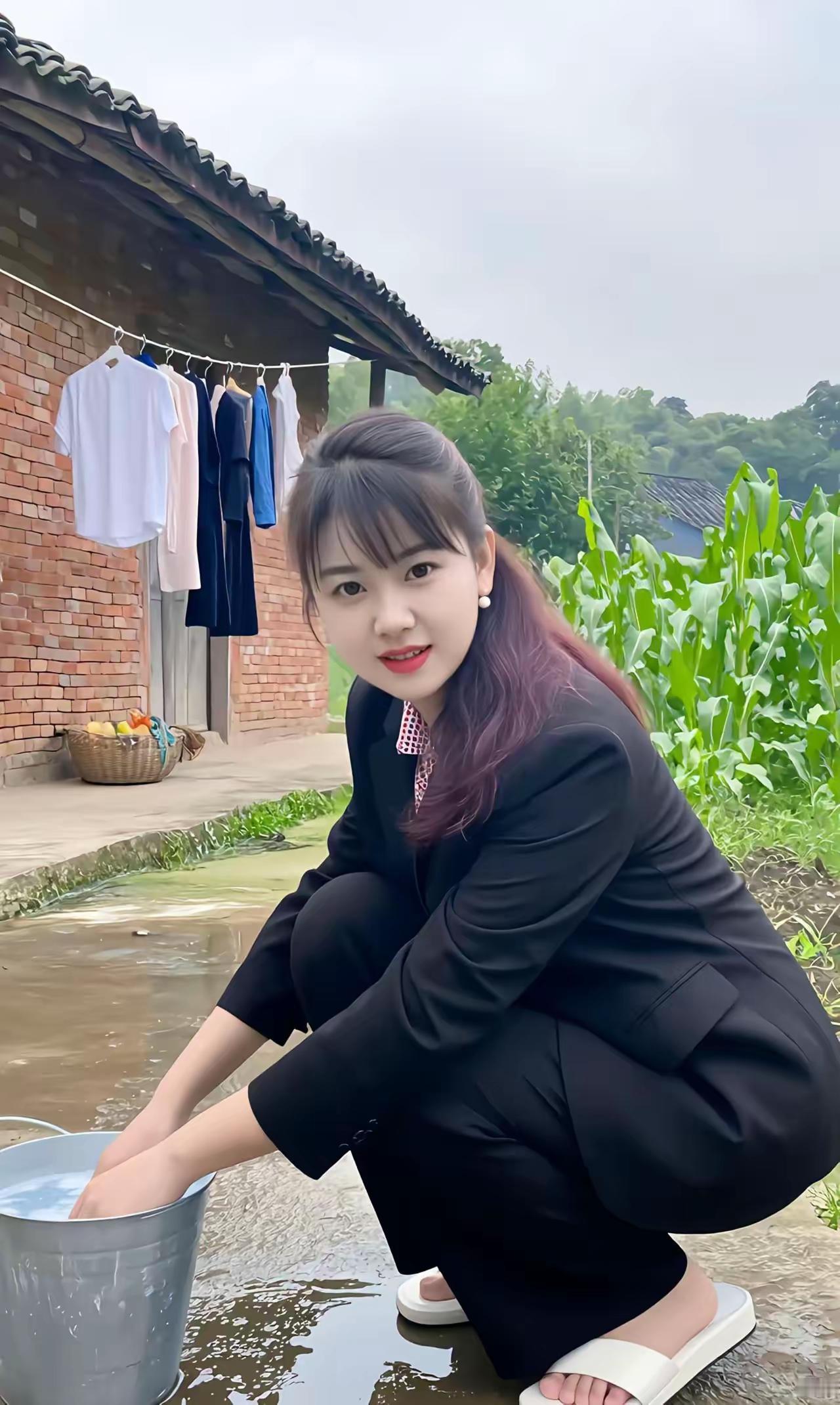 都市丽人下乡体验，手洗衣物回归自然🌿💦