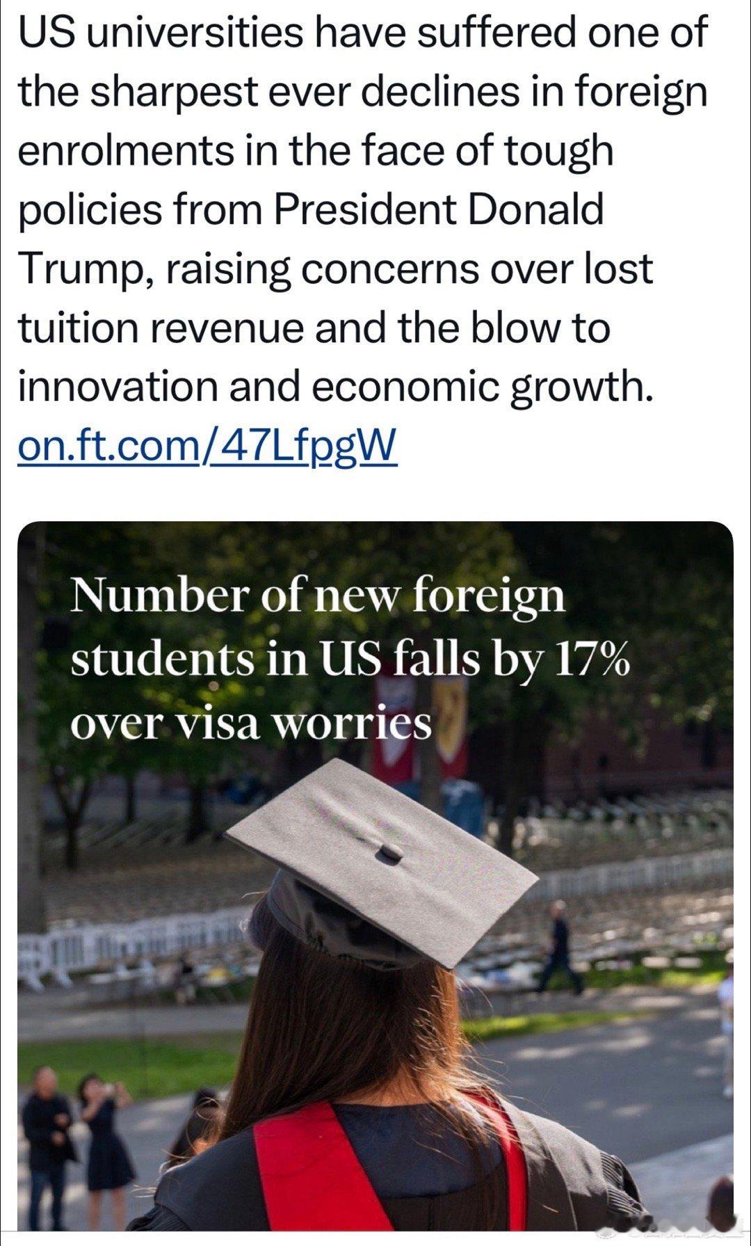 今年秋季入学，美国高等院校留学生新生人数，同比下跌17%主要由于政策不友好 