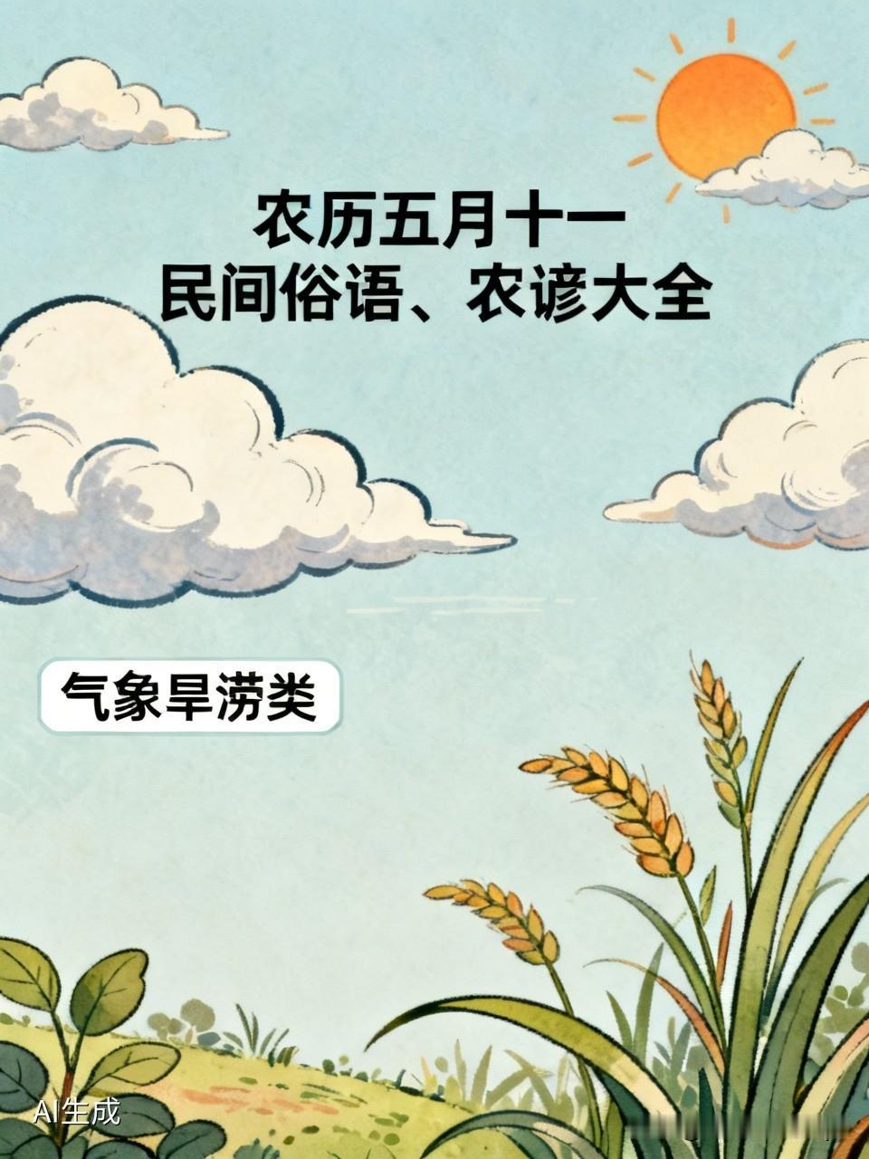 今天是农历五月十一民间俗语、农谚大全
一、气象旱涝类（流传最广）
旱不旱，瞅五月