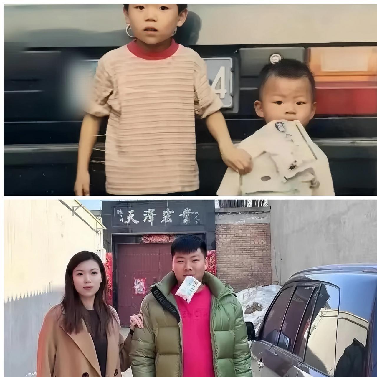 一对姐弟在同一个位置，同一个动作，跨越15年合影。