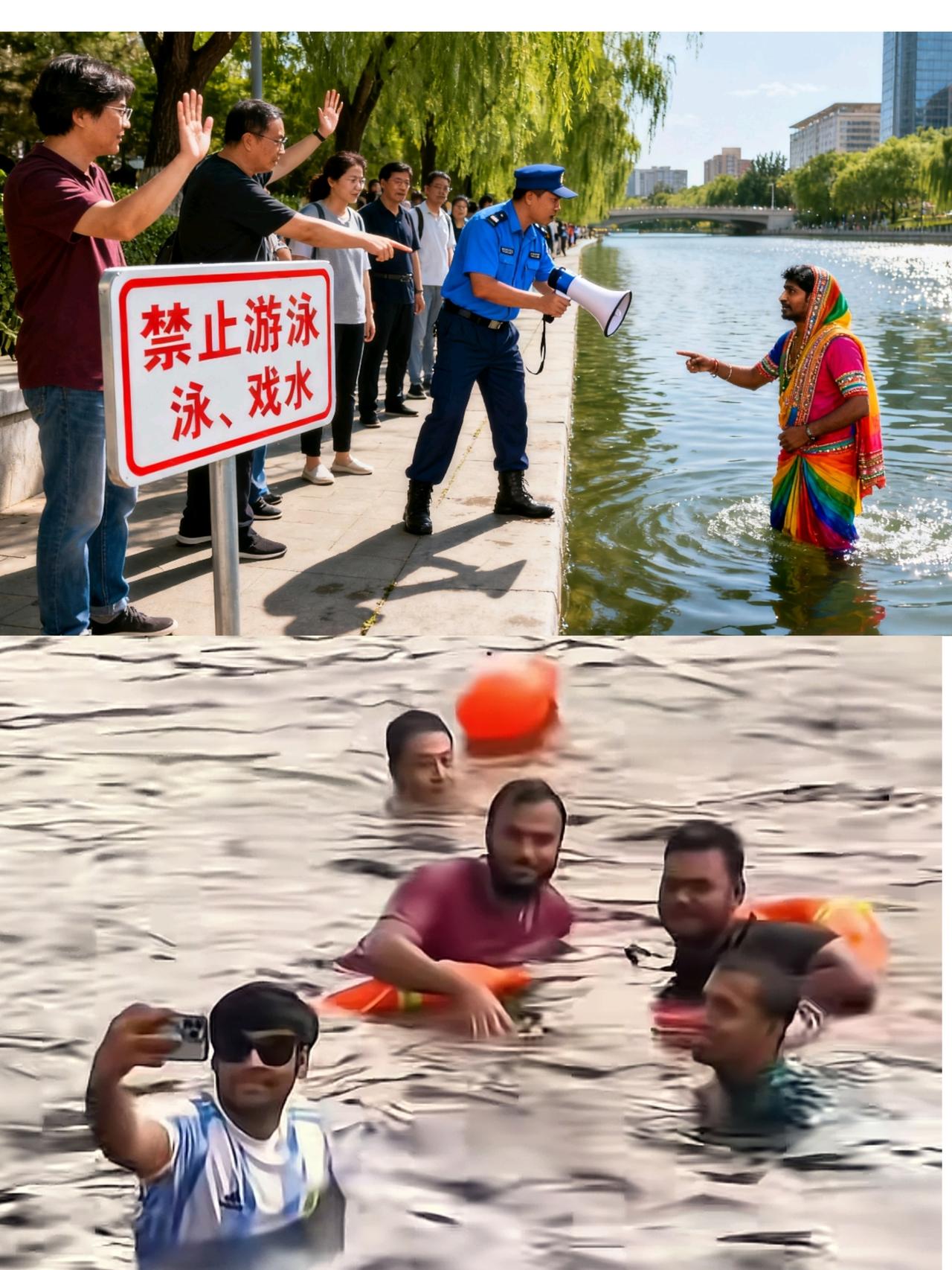 你敢信吗？印度三哥直接把北京亮马河当自家恒河了！亮马河是北京一条河，可以有水上项