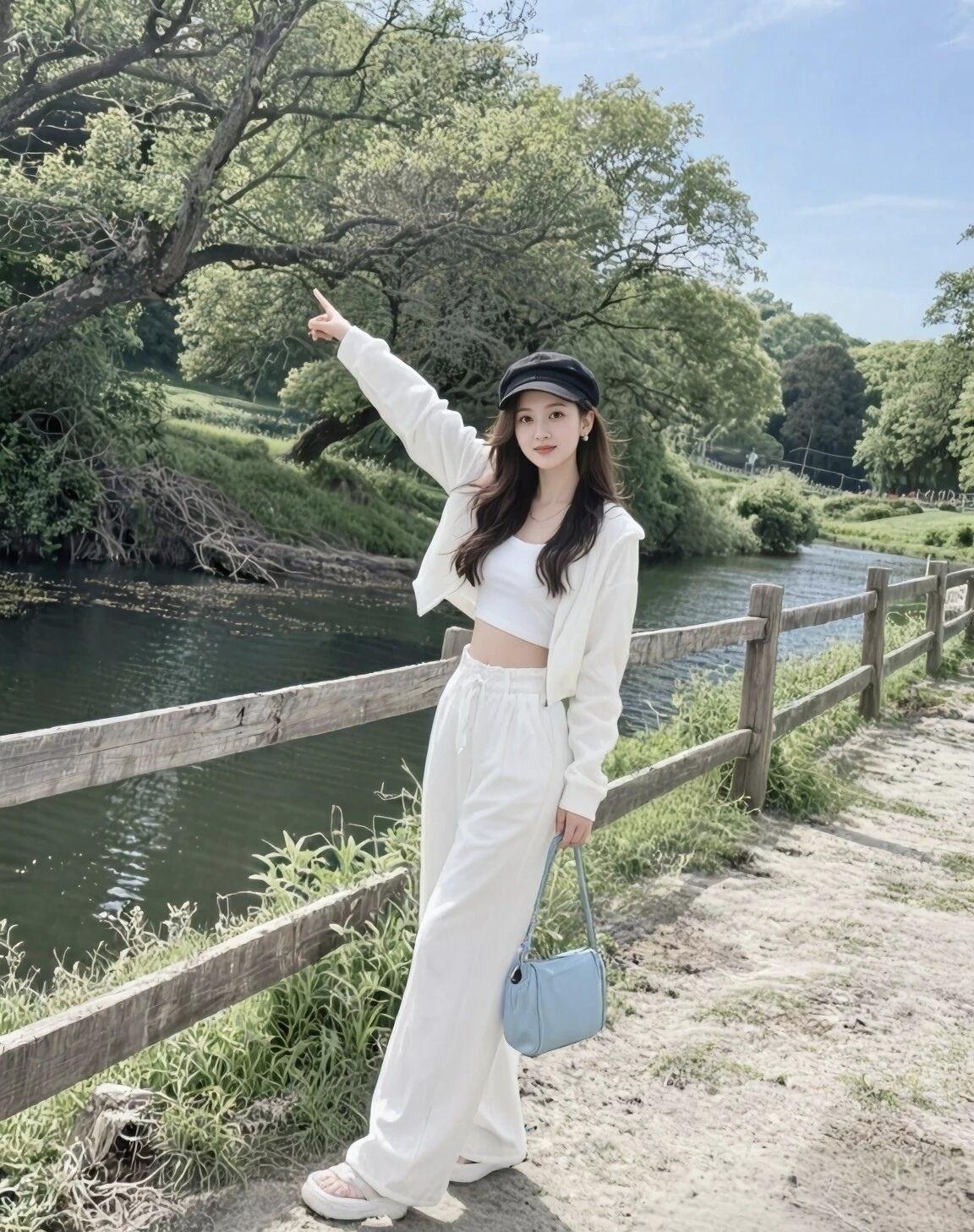 夏日清新穿搭，白衣少女在绿意盎然的河边，轻松自在地享受美好时光。