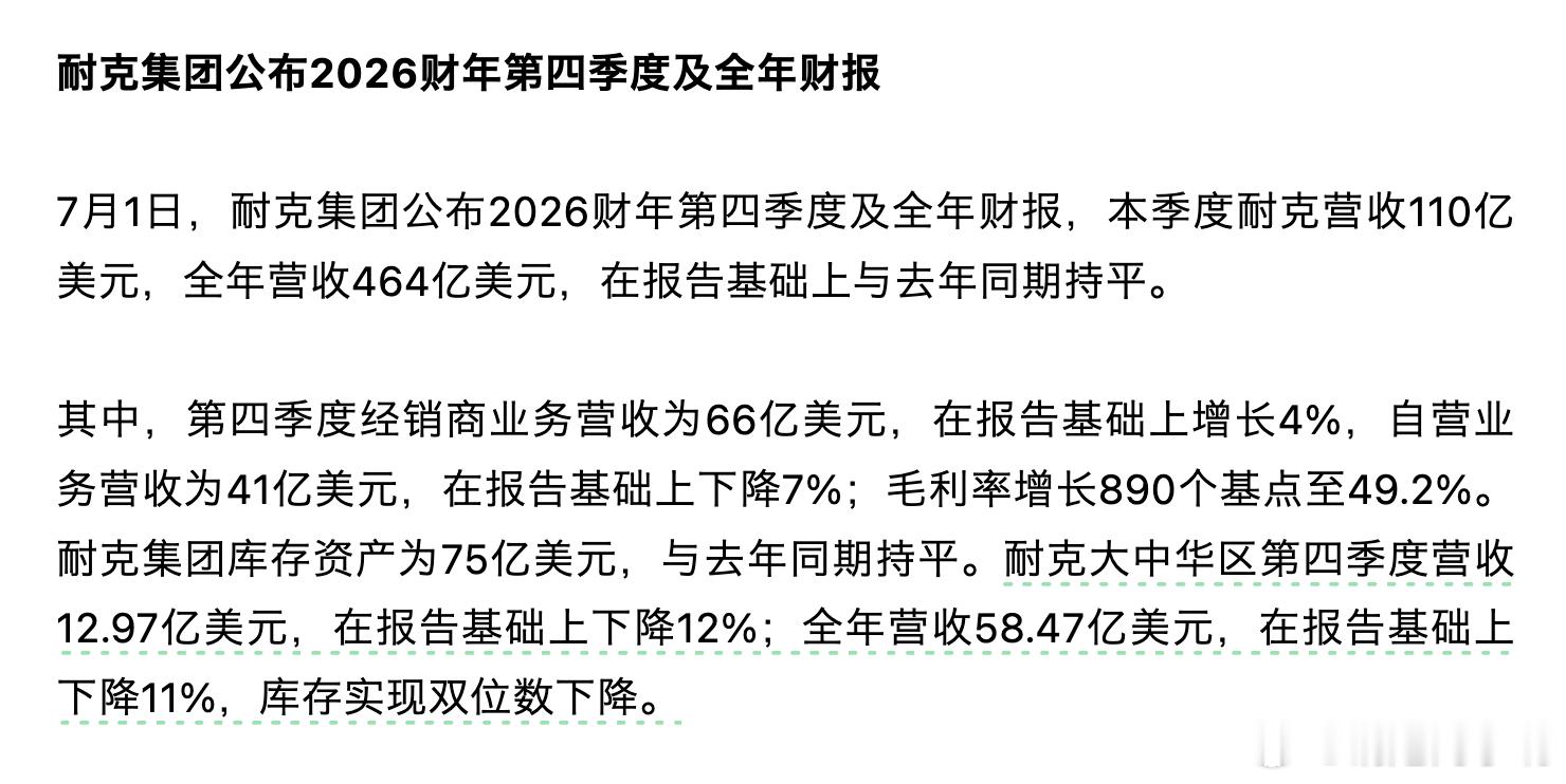 Nike 最新财年季报和全年财报耐克大中华区第四季度营收12.97亿美元，在报告