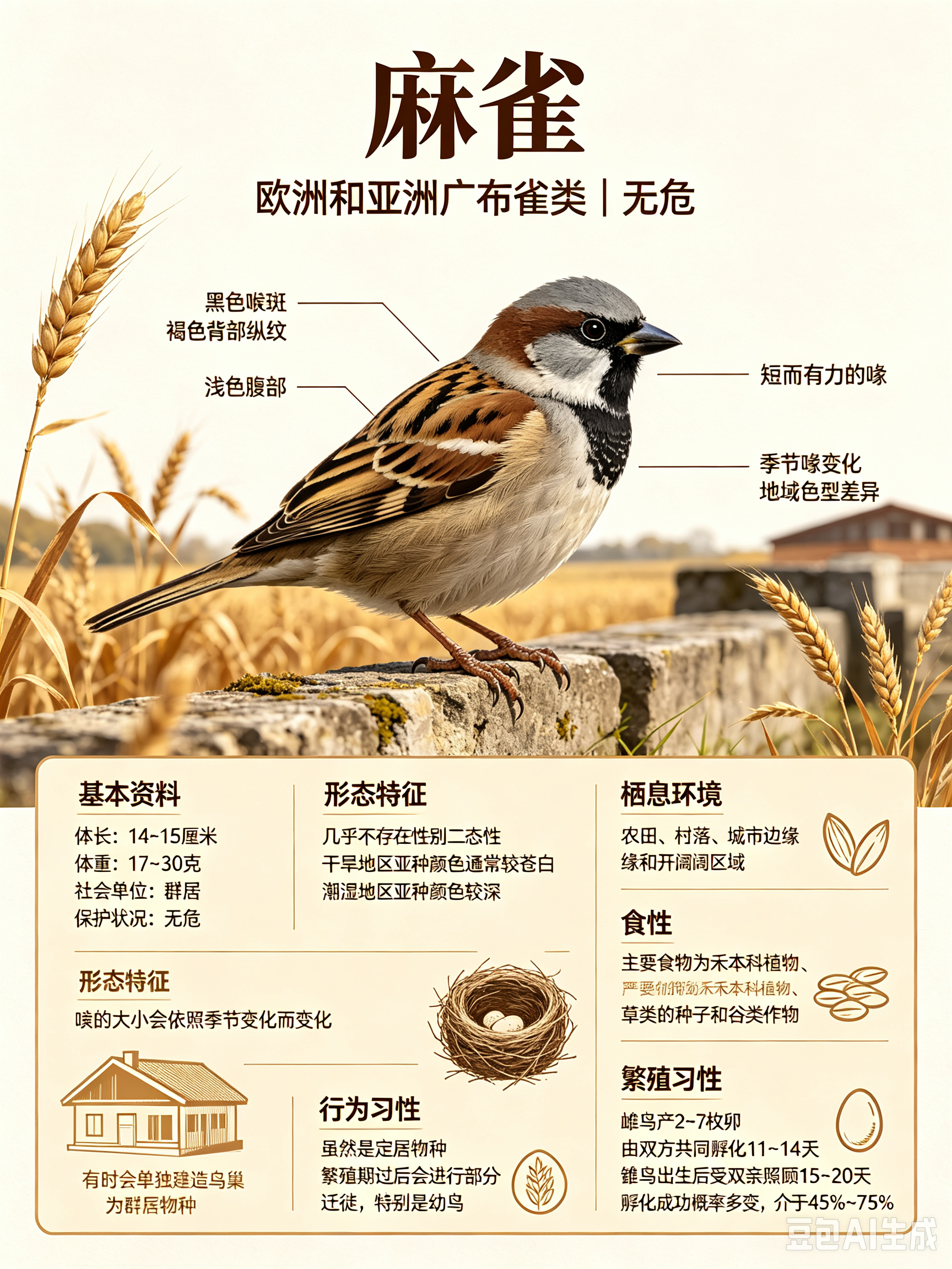 鸟类朋友图鉴 麻雀体长：14~15 厘米体重：17~30 克社会单位：群居保护状