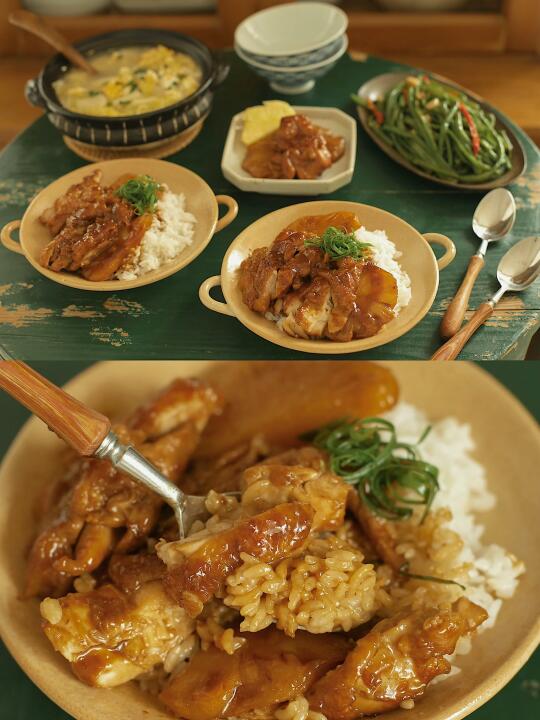 一口上头的蜜汁菠萝鸡腿饭。