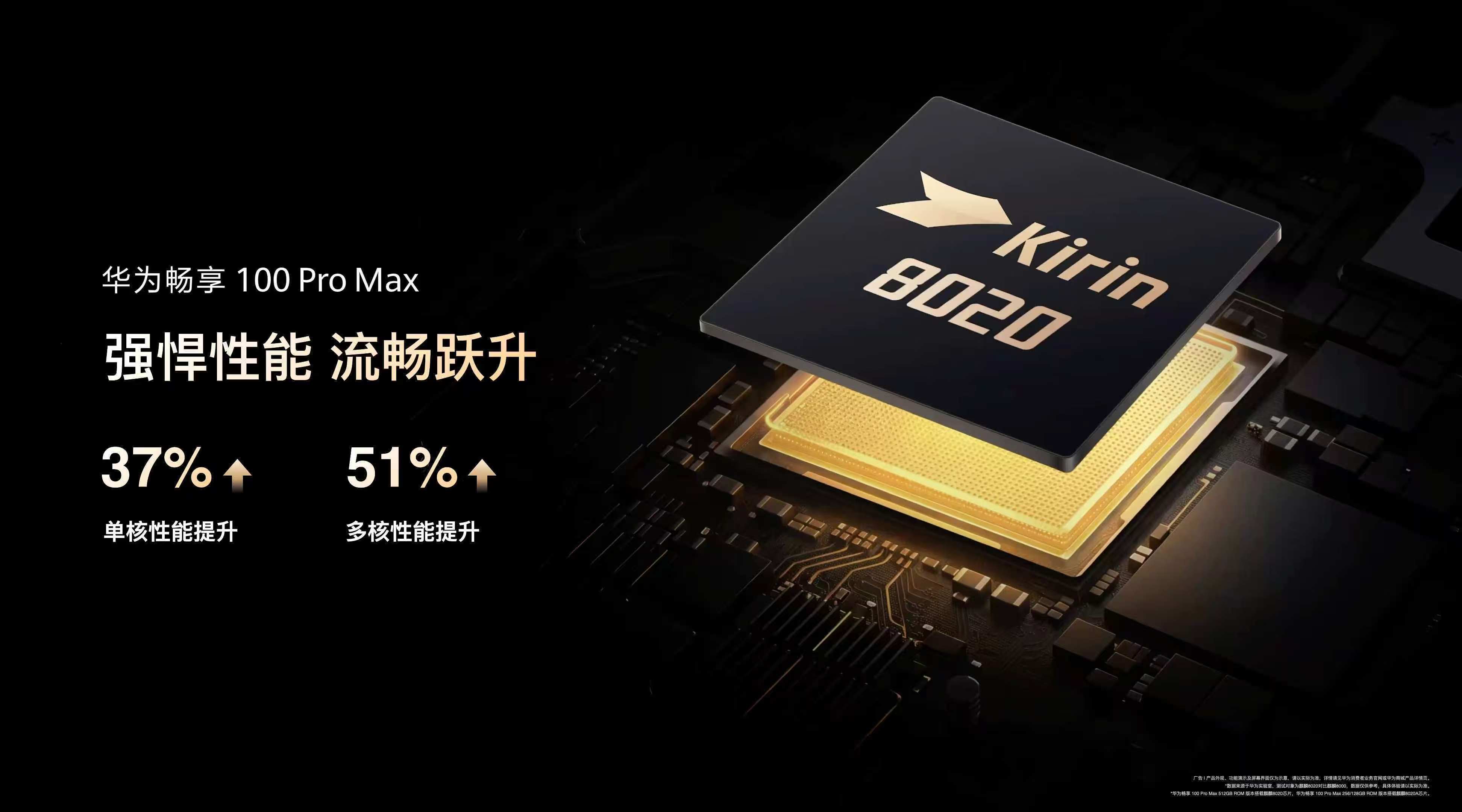 华为畅享100 Pro Max搭载麒麟8020系列芯片，通过软硬芯云垂直整合，结