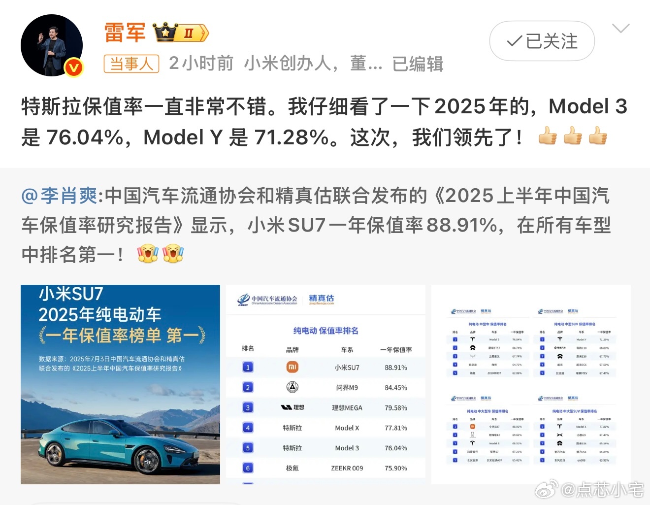 雷军称特斯拉保值率非常不错 发现了，雷总对友商的态度从来都是惺惺相惜，事实摆在那