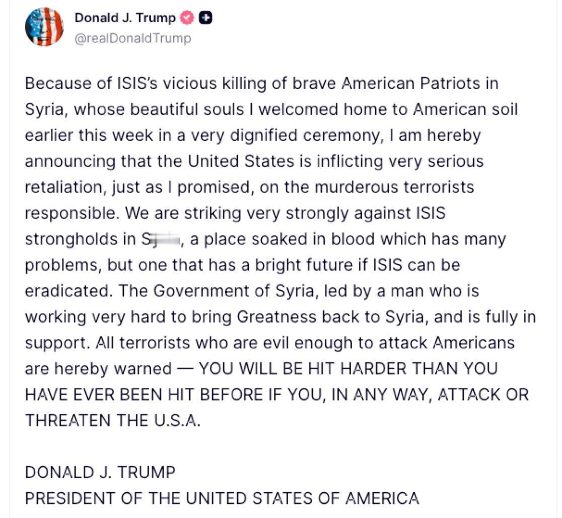 突发：特朗普总统：鉴于ISIS在叙利亚残忍杀害勇敢的美国爱国者，我本周早些时候以