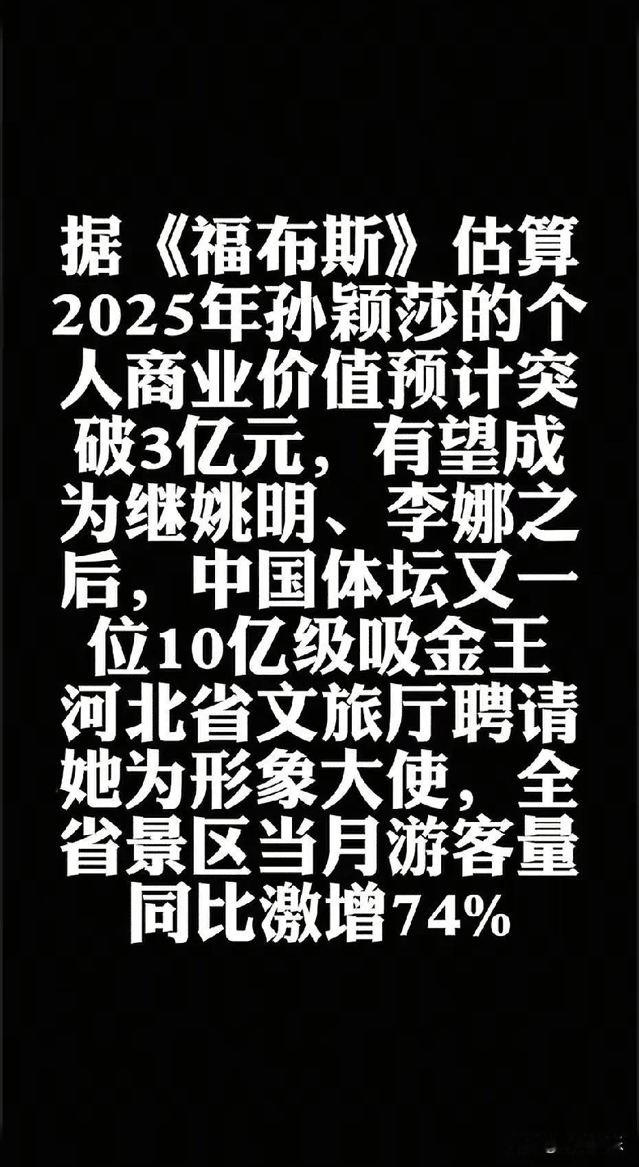 福布斯的一项预测引发了广泛关注：到2025年，乒乓球国手孙颖莎的商业价值有望突破