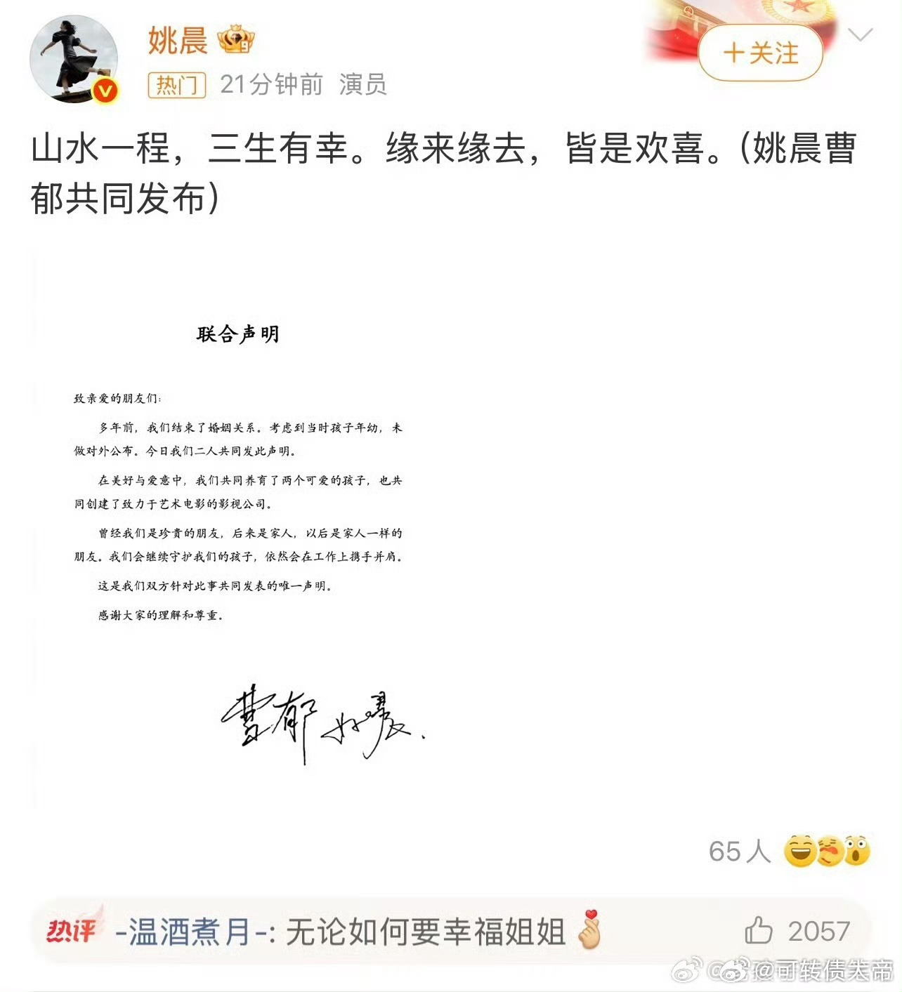 姚晨曹郁官宣离婚姚晨凌潇肃前面可惜了…… 