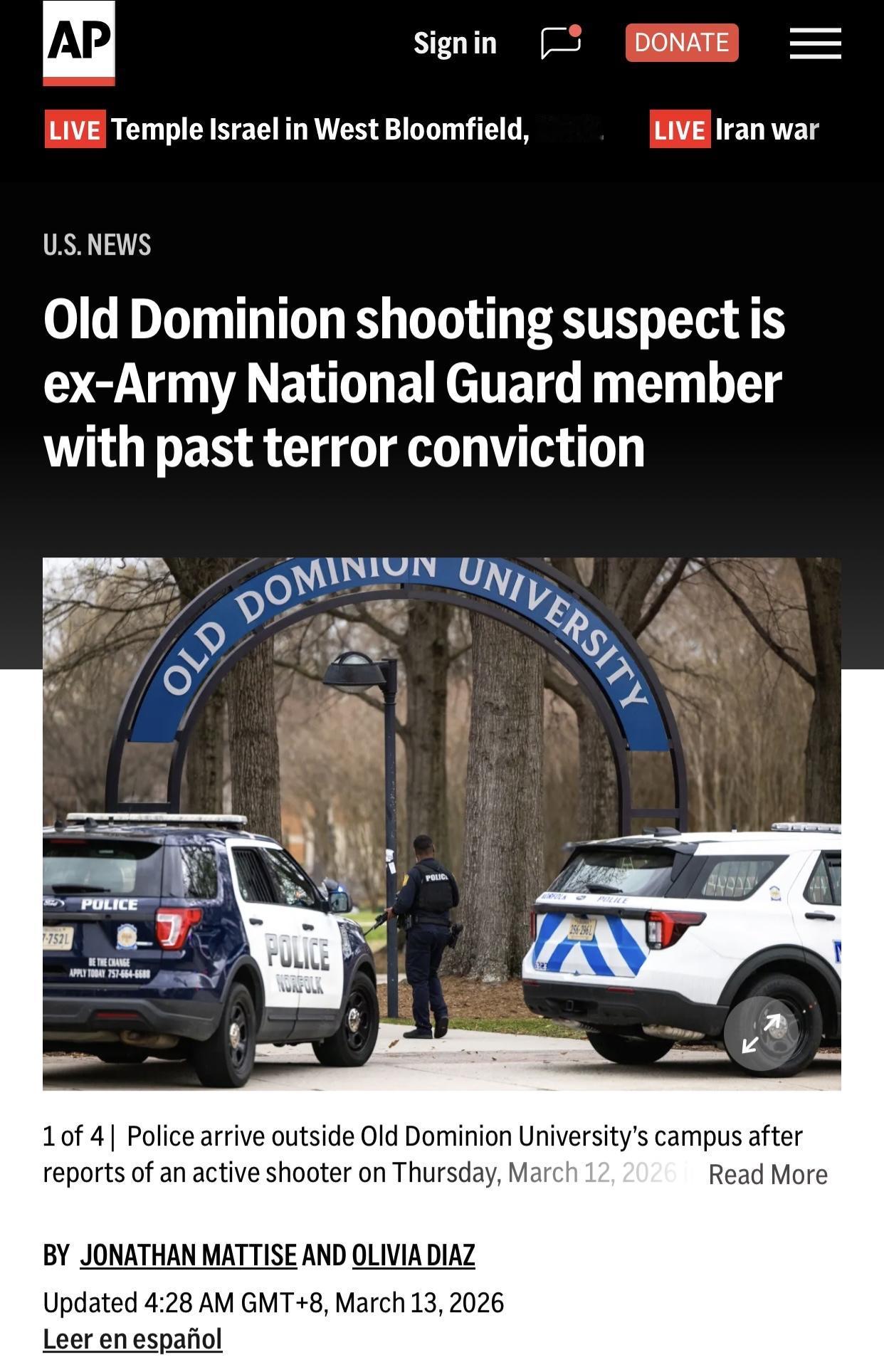 美联社：美军海军基地附近大学发生枪击案 被定性为”恐怖主义行为”

美联社3月1