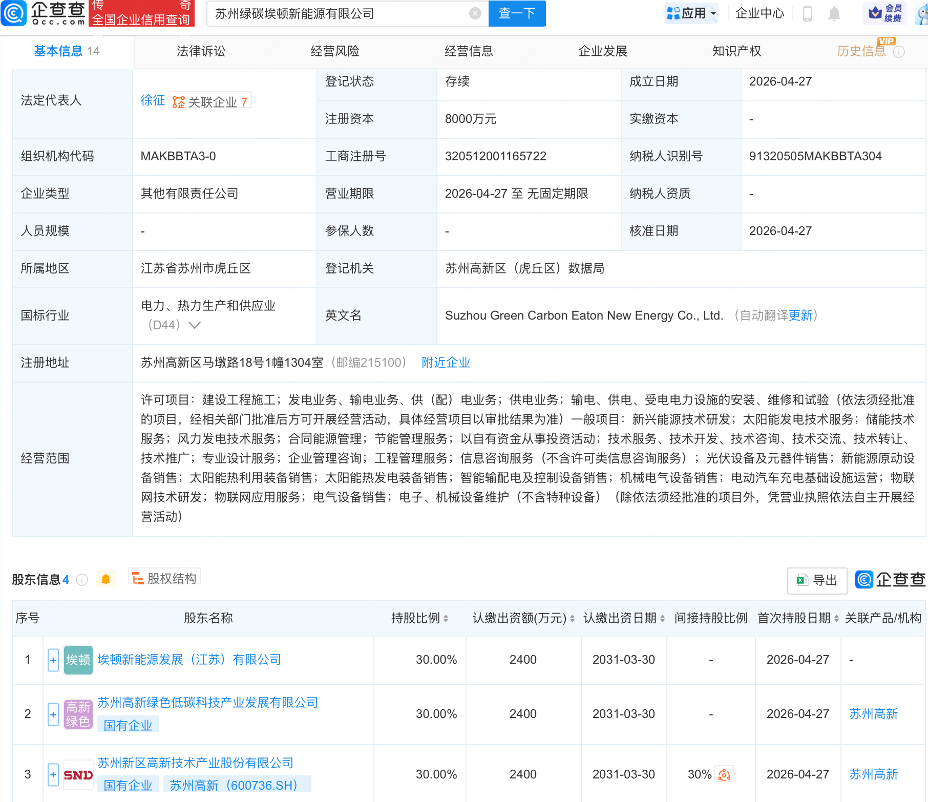 苏州高新等成立绿碳埃顿新能源公司