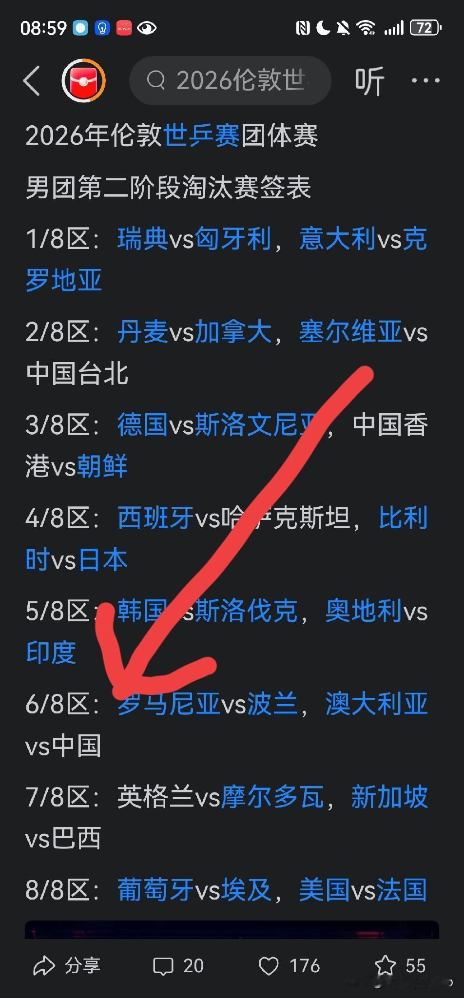 听说中国男队抽了个上上签，这“待遇”三十多年未曾有过。赶紧找到签表，结果找了三次