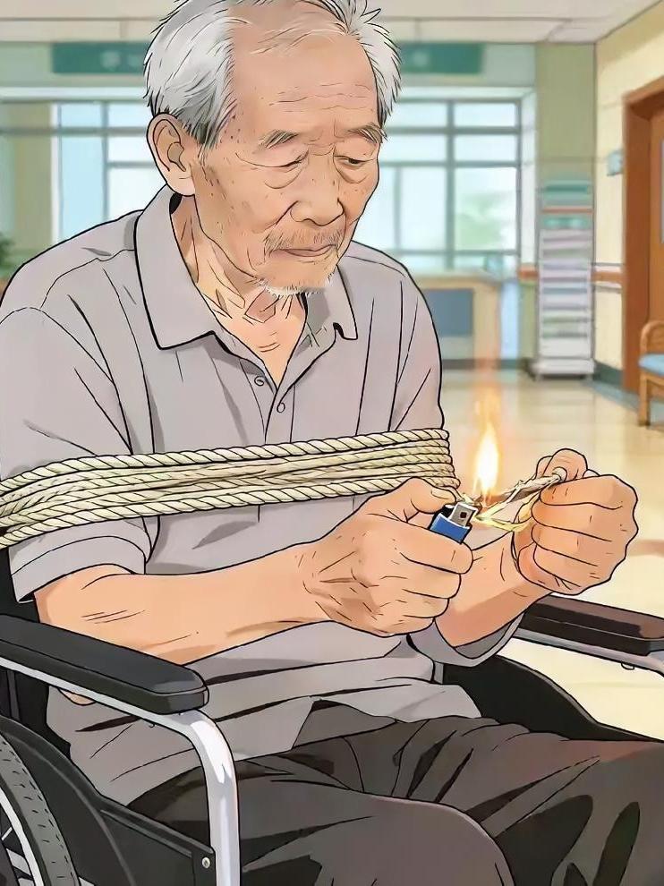 上海有一敬老院老人，老刘被护理人用尼龙绳绑在轮椅上，独自留在6楼大厅。

谁知道