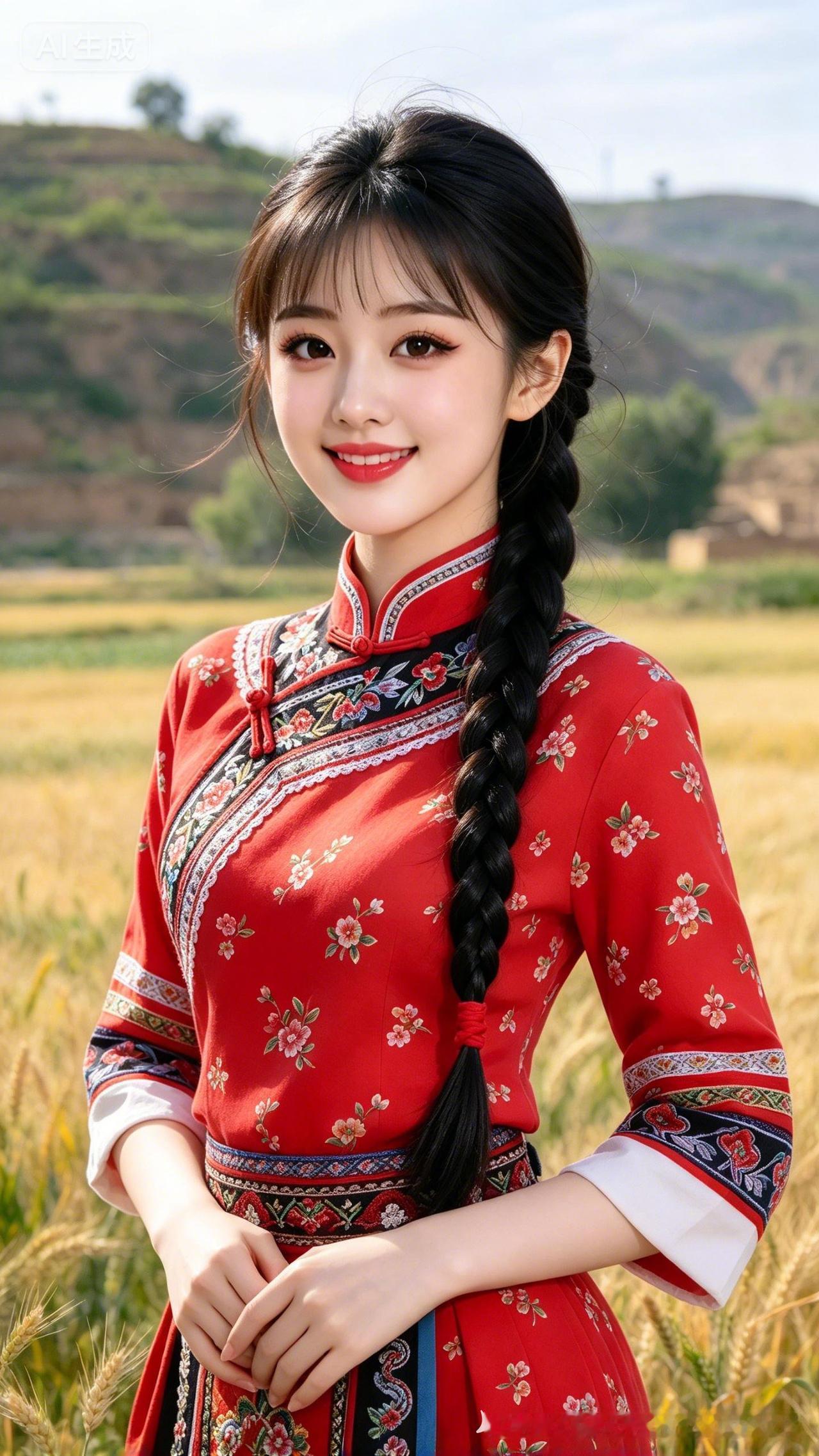 这位姑娘在田野里穿着传统服装，真漂亮！