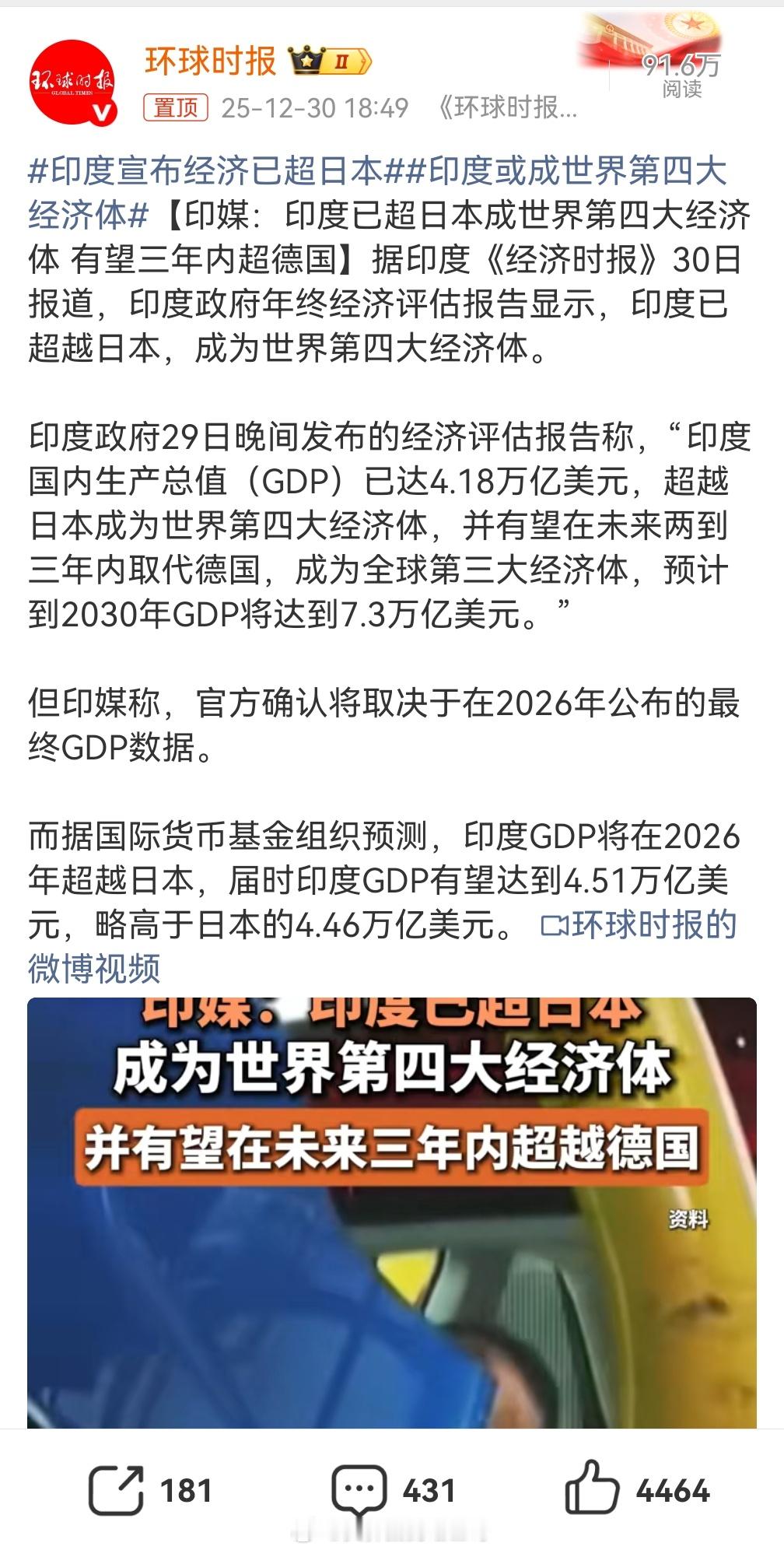 印度宣布经济已超日本这是迟早的事儿，根本原因就是印度人口多。真正意外的是印度居然