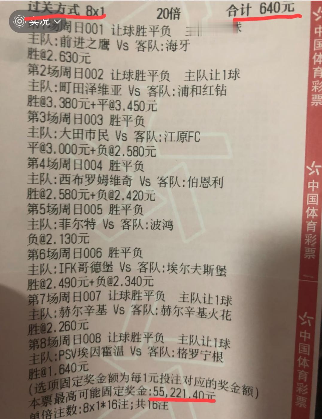 “8串1”的票，赔率高达差不多100倍，不搞一个容错，这位大哥胆子真够大的？
大