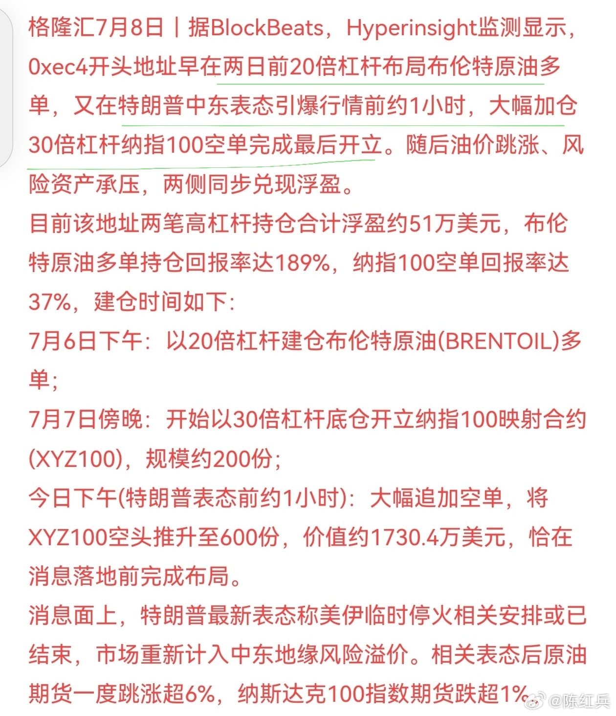 特朗普就伊朗表态前1小时完成空单加码，一地址2100万规模“多油空纳指”仓位大幅