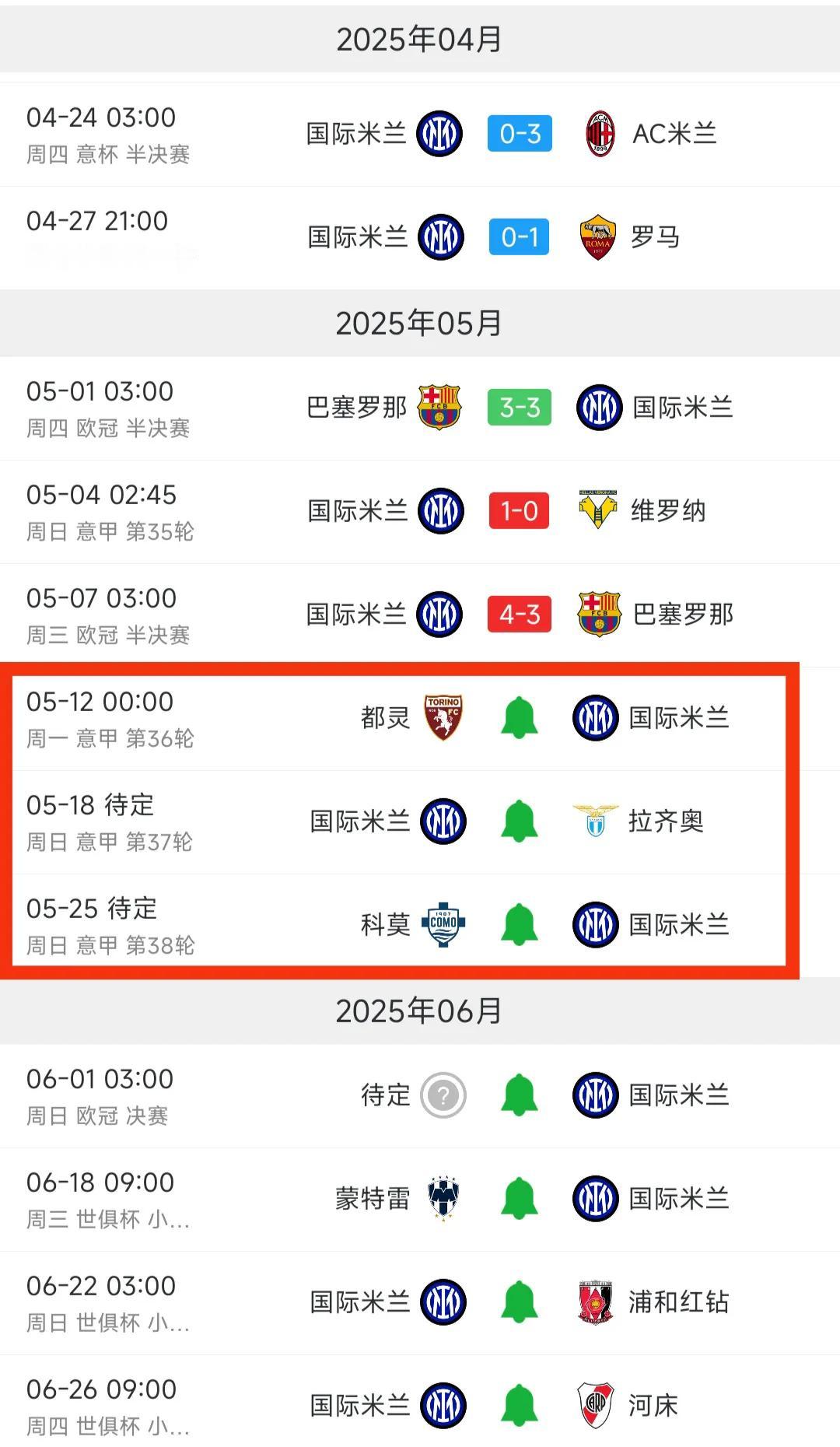 国际米兰剩余赛程分析，双冠，单冠，还是双亚？甚至有可能三冠，四冠呢。

现在意甲