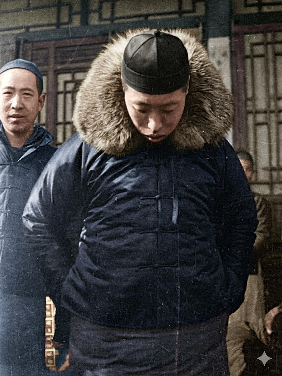 这张照片真的把旧社会的有钱人的气质拉满了，男子身穿一身绸缎厚棉袄，脖子围了一圈超