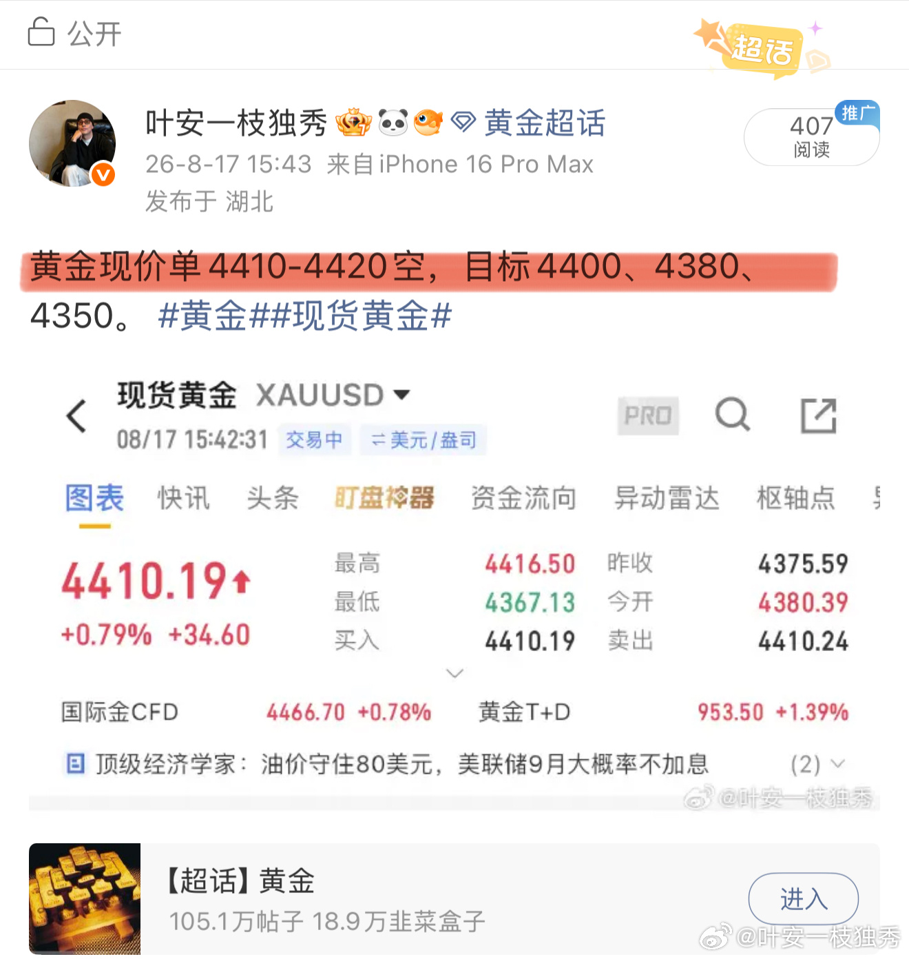 黄金现价4410空、目前已经拿下10典箜间，继续下看第二目标4380。黄金现货黄
