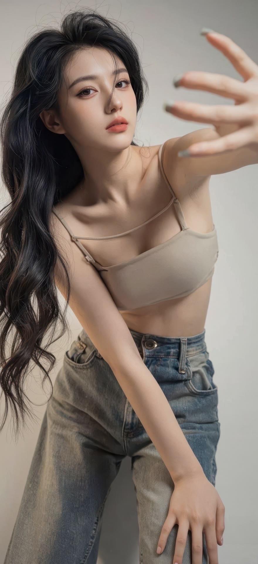 目光是安静的海
翻涌着未说出口的话
长发如墨，漫过肩头
晕开了半分慵懒满分魅惑