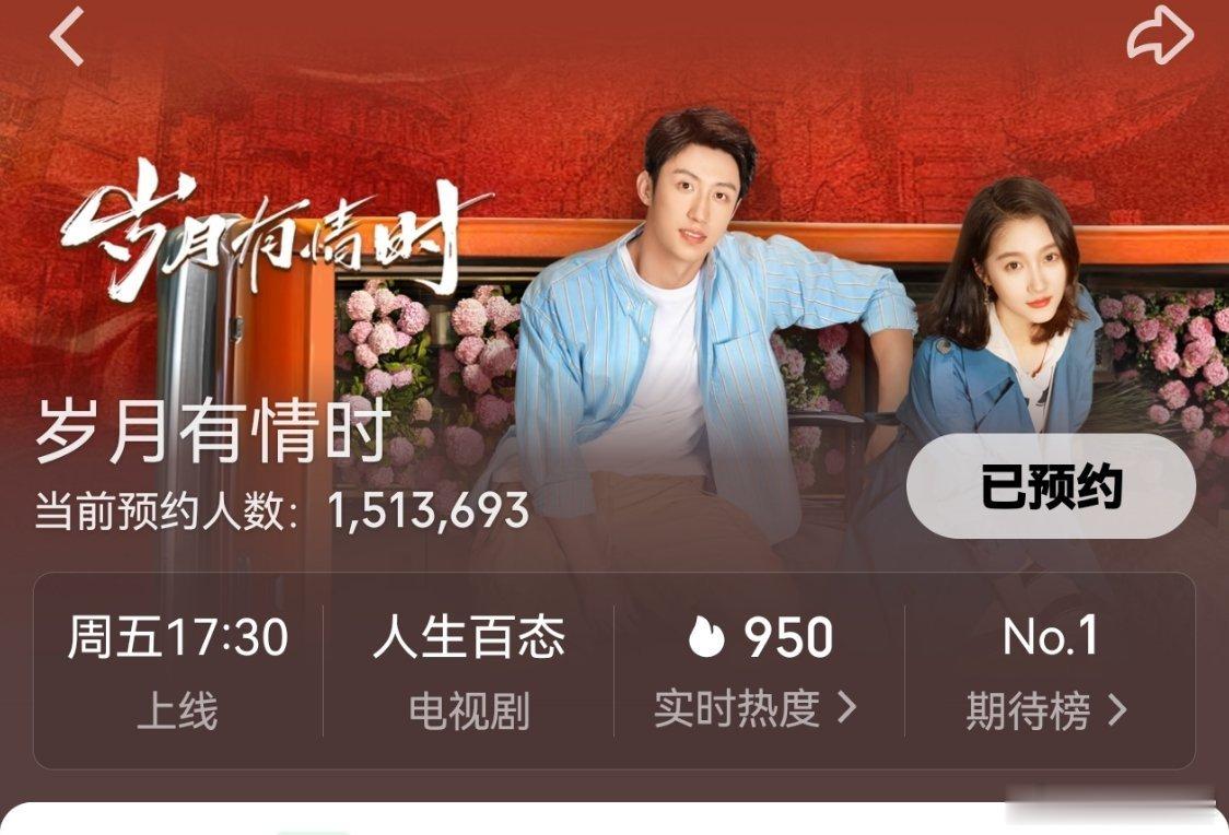 电视剧岁月有情时黄景瑜林臻东 预约超150万，出门看电影去～～ 