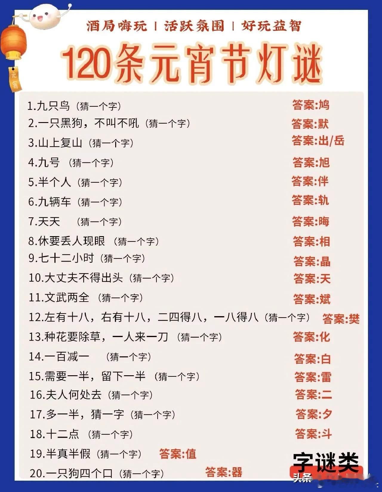 猜灯谜的含金量越来越高了 拿走、不谢！元宵节晚上猜灯谜答案分享给大家。1. 白头