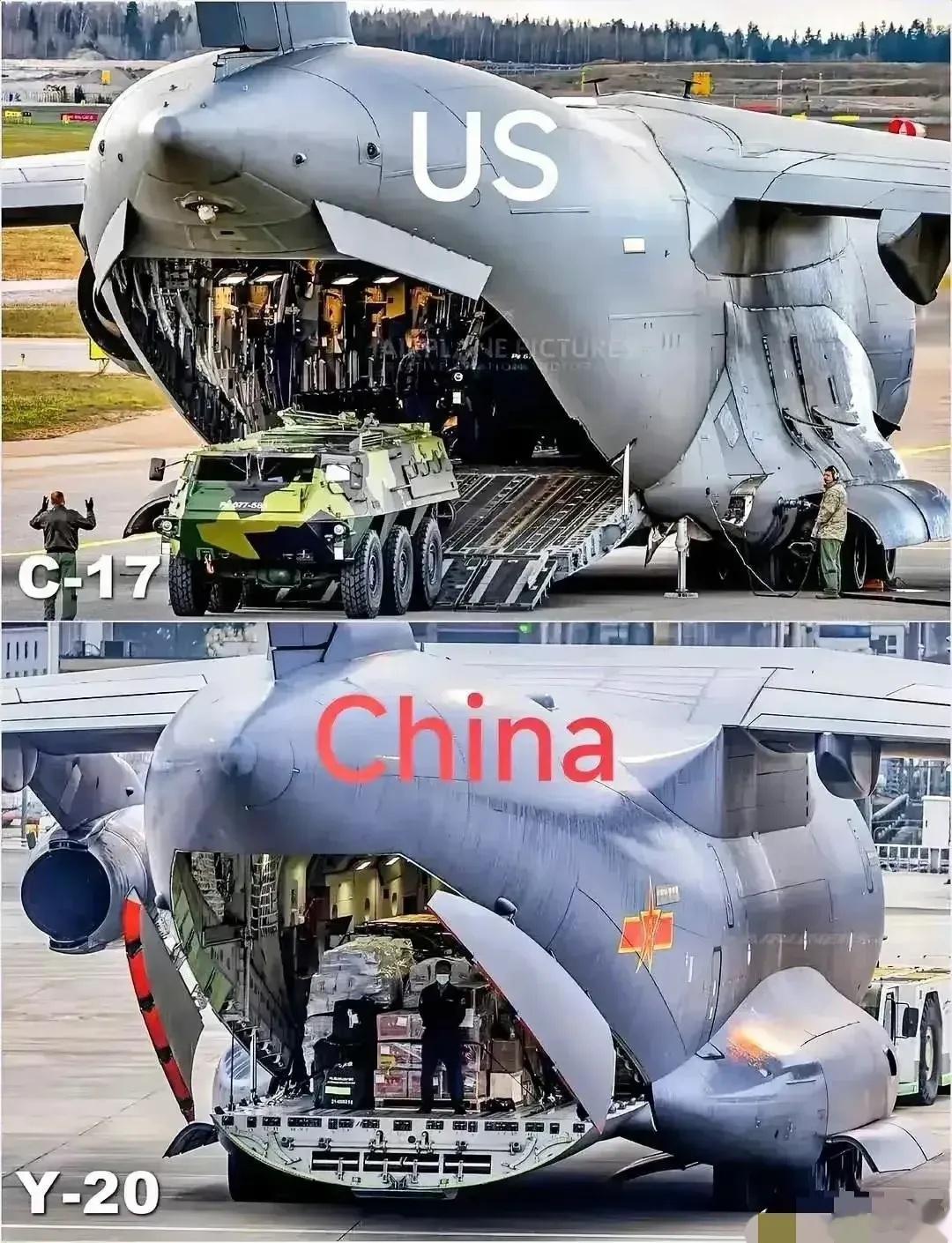 中美两架飞机落在其他国家的运输机场，有什么不同呢？看了飞机上运下来的东西，米国各