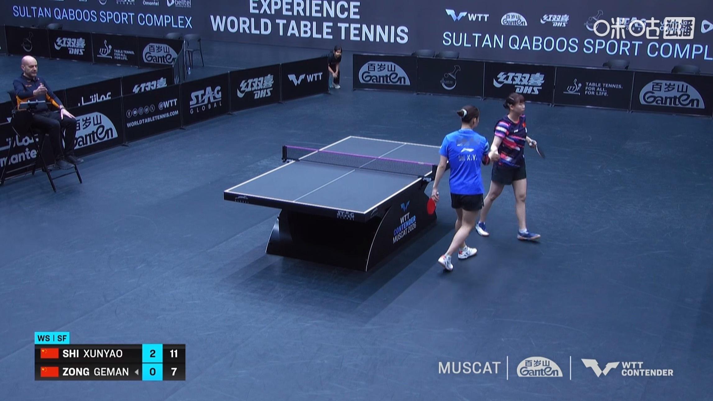 石洵瑶3比0纵歌曼(11-5，11-6，11-7)晋级WTT常规挑战赛马斯喀特站