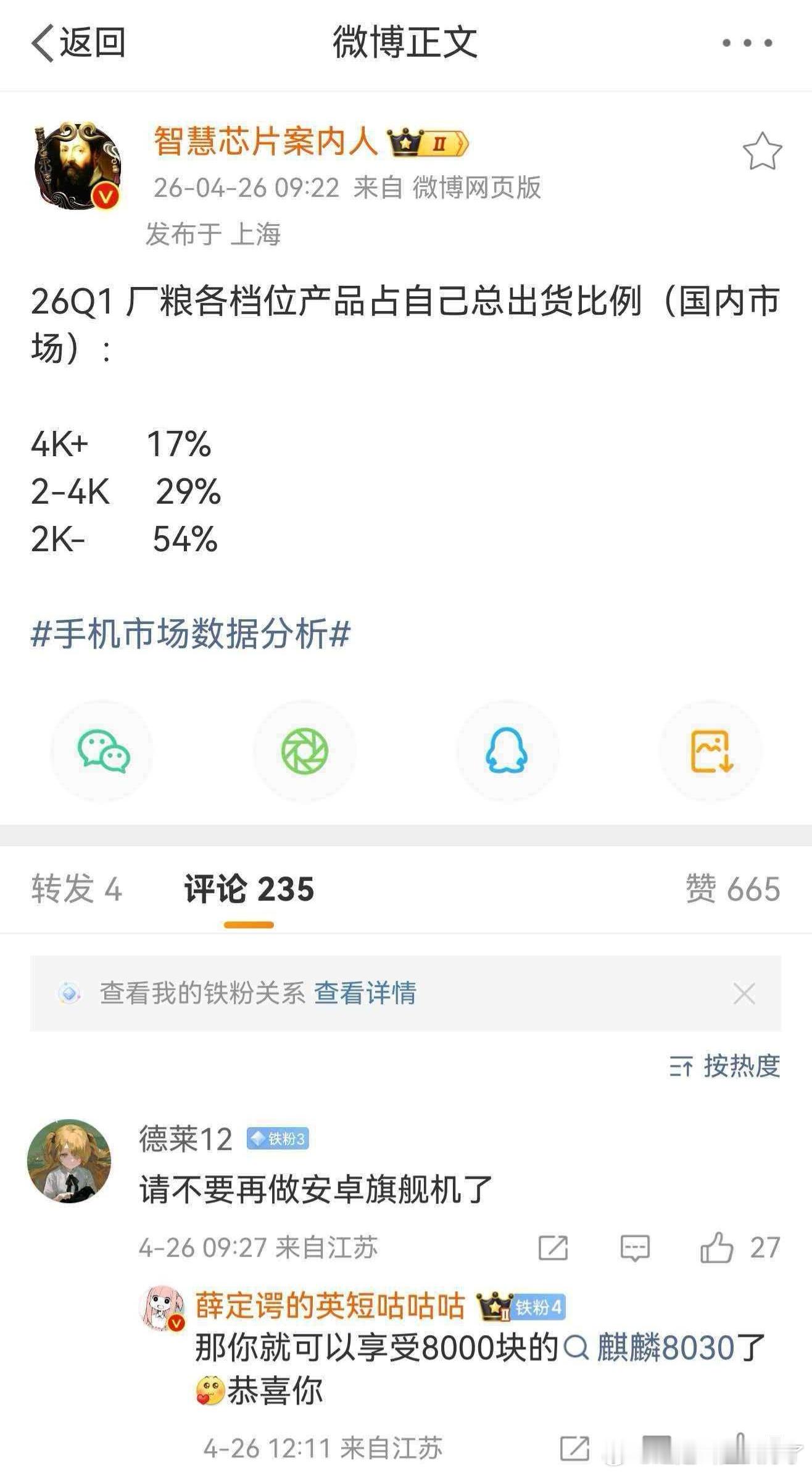 热知识：安卓在8000+价位段市场份额个位数，华为该价位段产品策略只看iPhon