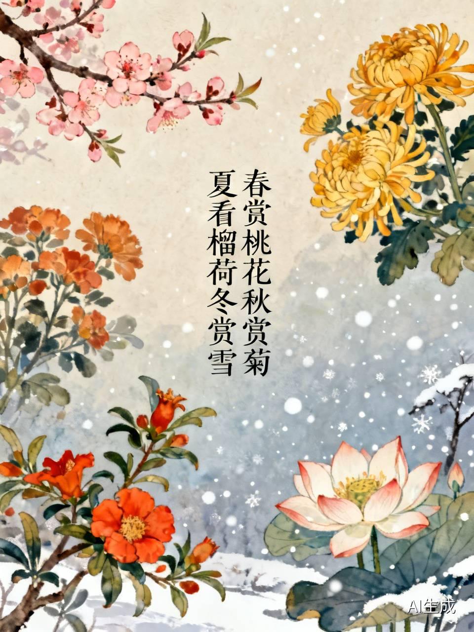 上联：春赏桃花秋赏菊，如何对下联下联。夏看榴荷冬赏雪。
