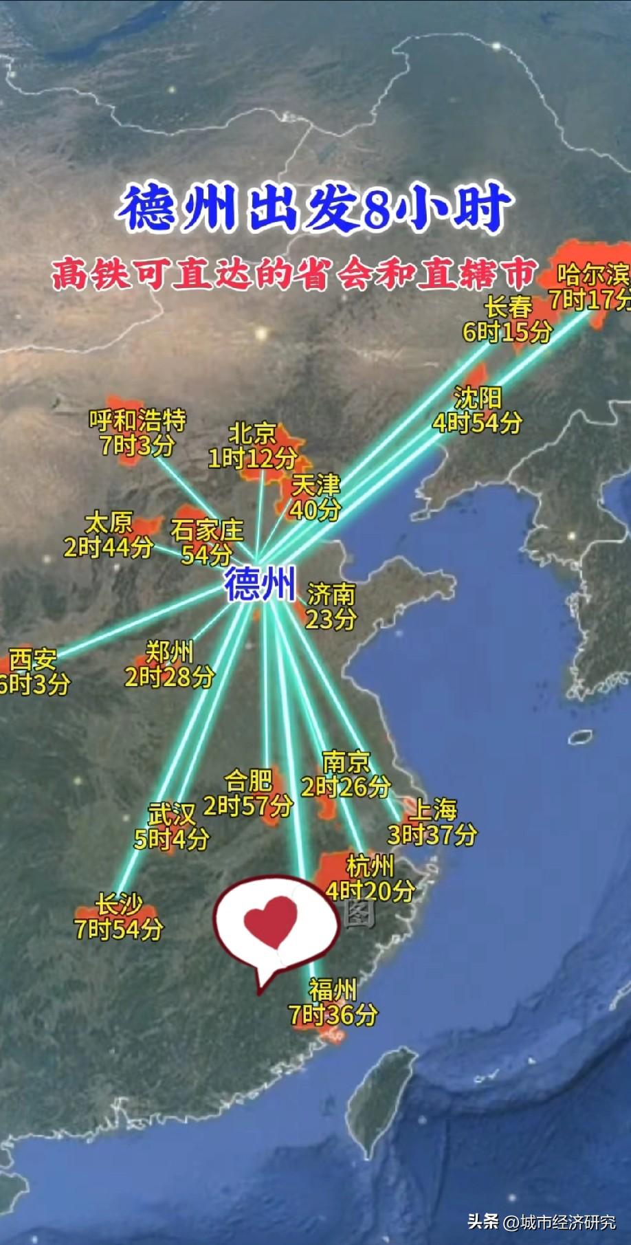 德州市坐高铁8小时可直达的省会城市以及直辖城市名单，德州坐高铁到天津最快仅需要4