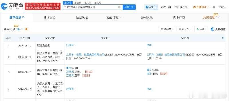 三只羊大数据运营公司变更法定代表人 天眼查App显示，6月10日，合肥三只羊大数