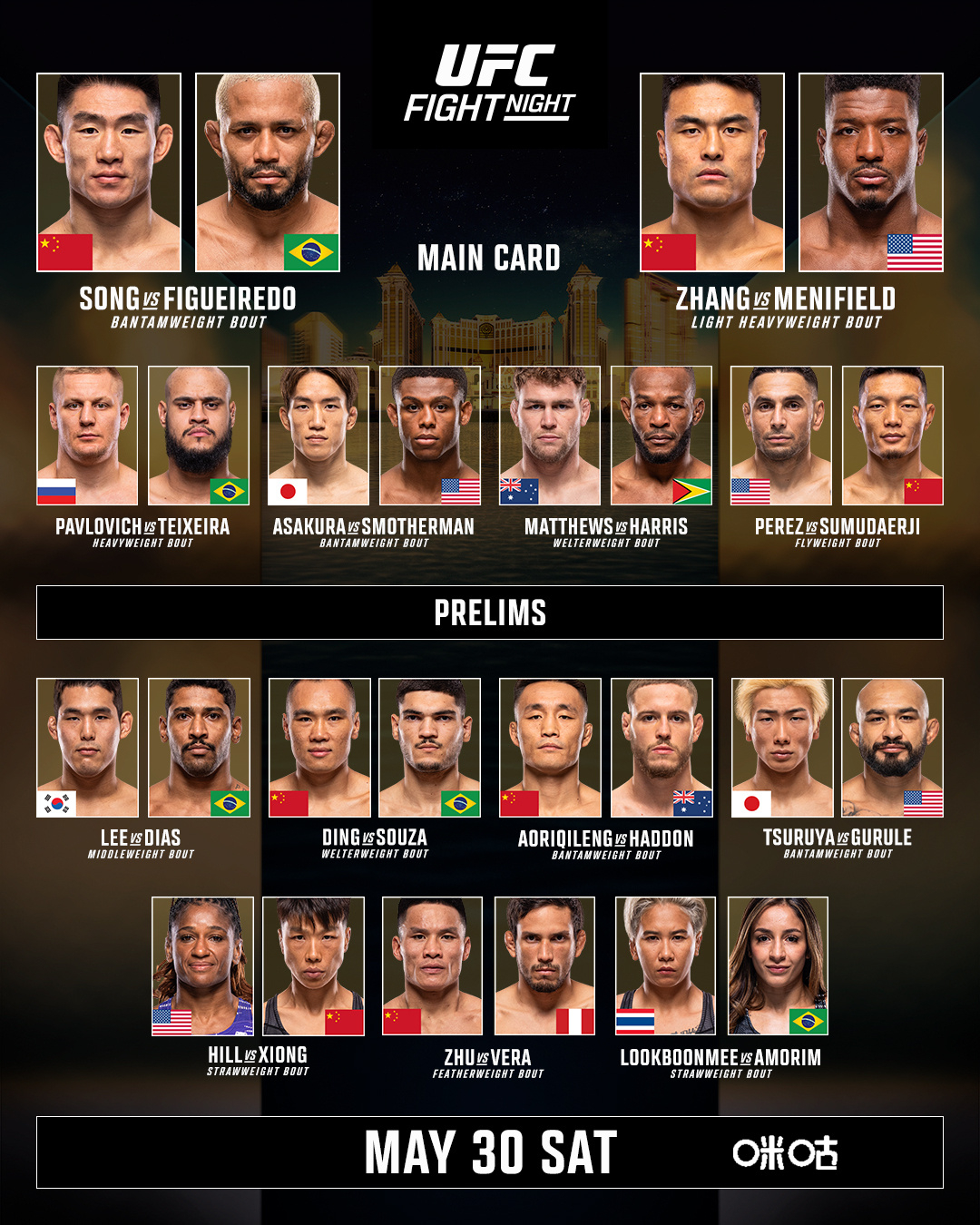 #UFC澳门今日战卡# 头条主赛：#宋亚东VS菲格雷多# 联合主赛：#张名扬vs