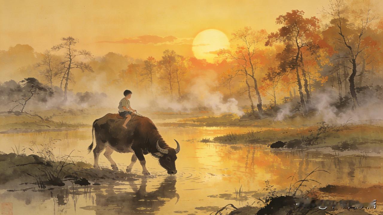 一副对联，写尽秋日乡愁：我怀念的，是夕阳下骑在牛背上的时光
 
上联：远树烟轻残