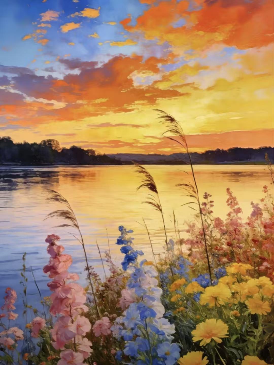 天净沙·江景
霞烧云浪金瓯，
水光远岸汀洲，
岸畔繁花紫翠。
沙风轻坠，
一鸥点