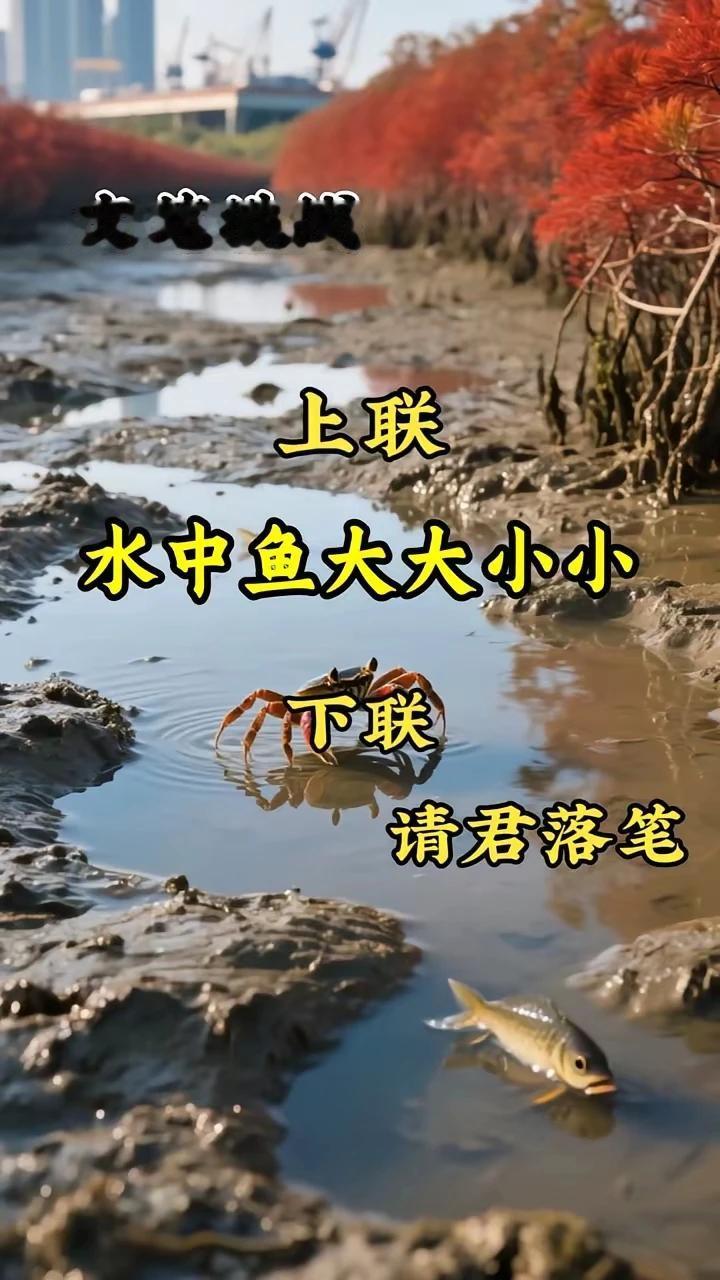 文笔挑战。
上联：水中鱼大大小小，
下联：山里鸟双双对对。